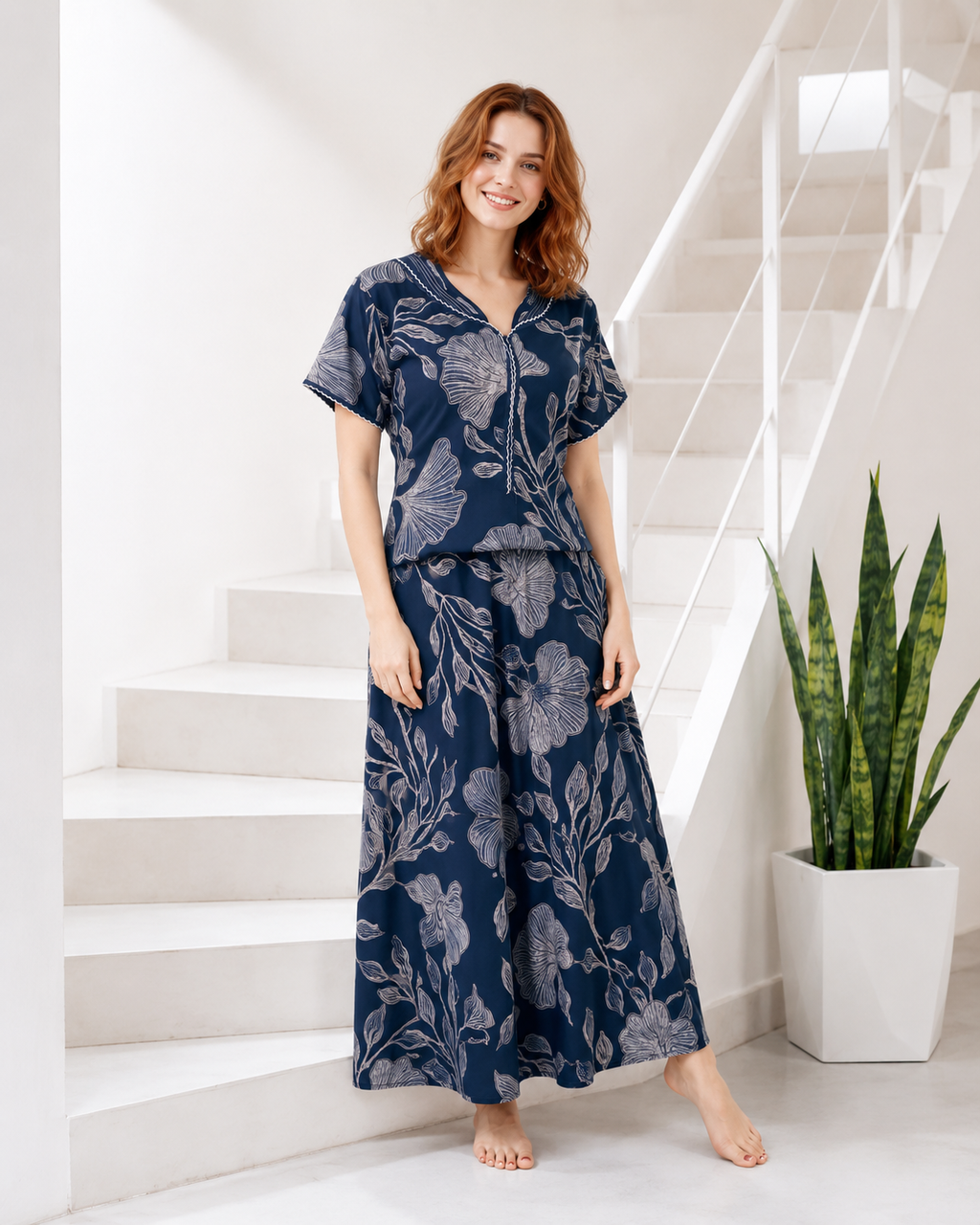 Belavastra Premium Alpine Printed Nighty - Indigo Blue Vintage Floral