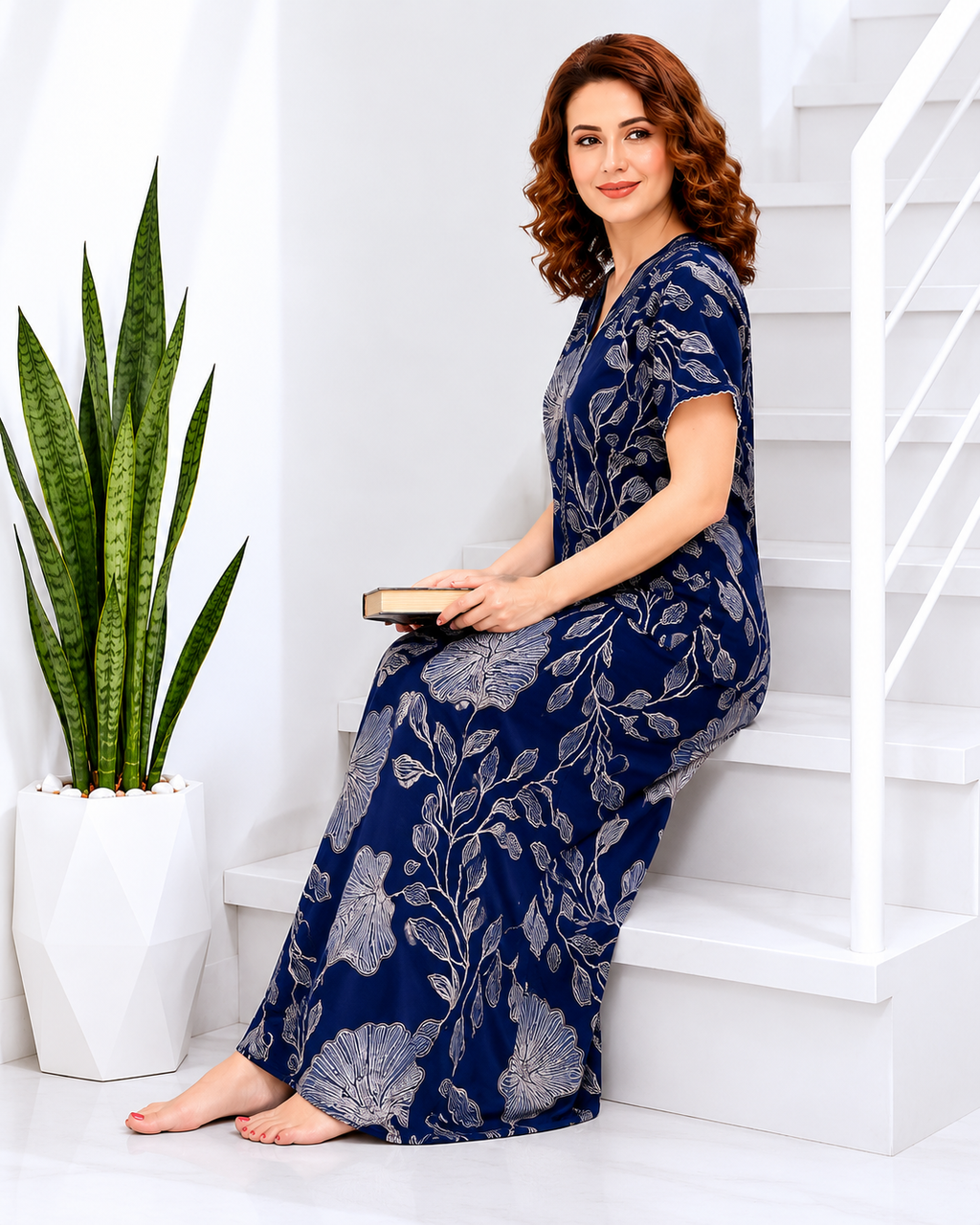 Belavastra Premium Alpine Printed Nighty - Indigo Blue Vintage Floral