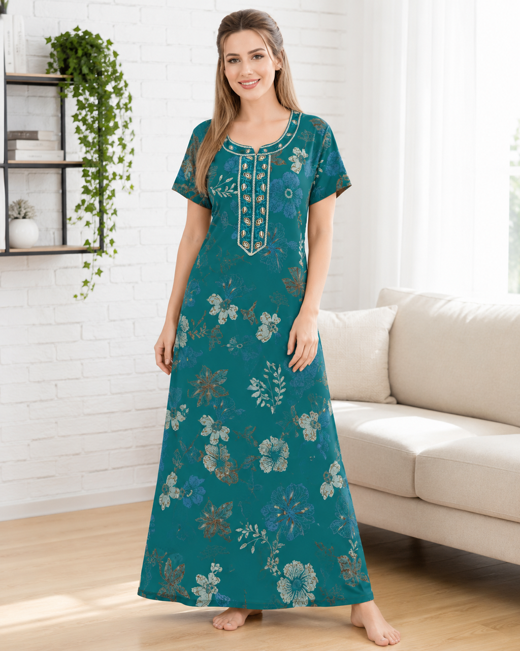 Belavastra Premium Alpine Printed Nighty - Teal Green Botanical Floral