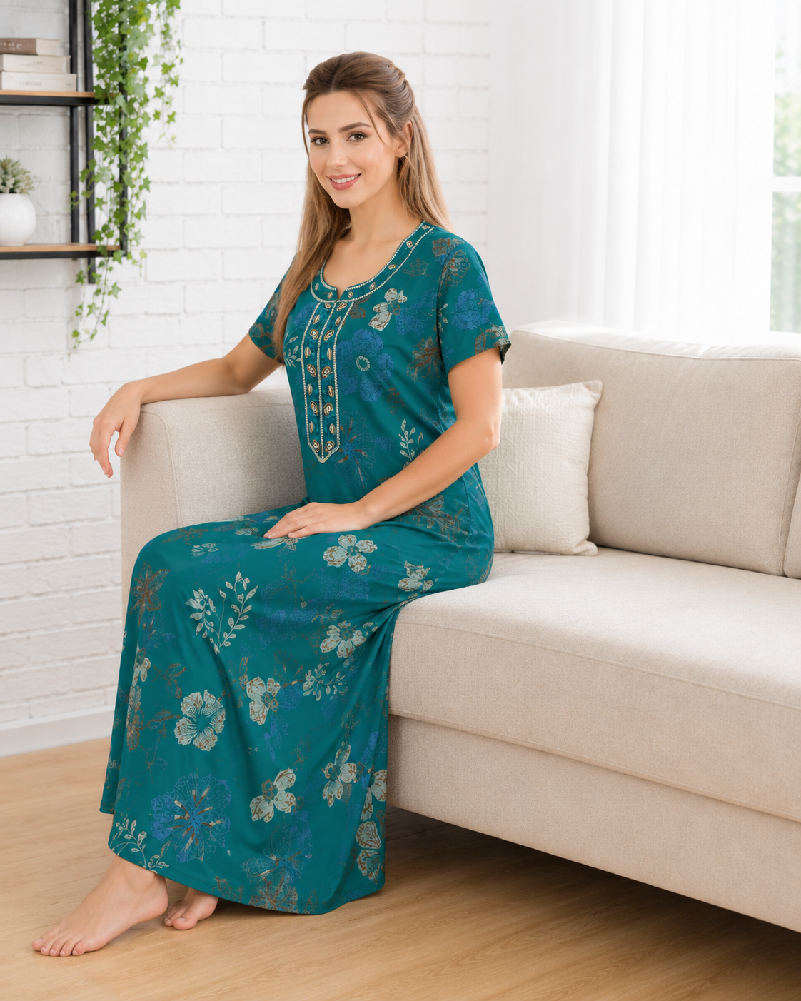 Belavastra Premium Alpine Printed Nighty - Teal Green Botanical Floral