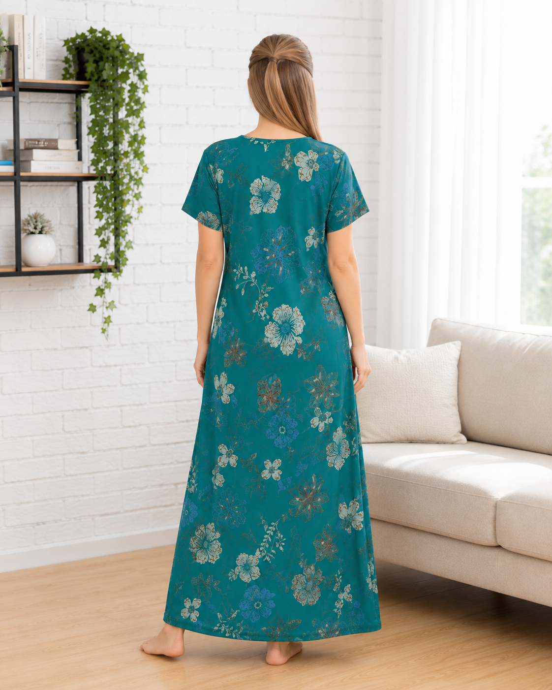 Belavastra Premium Alpine Printed Nighty - Teal Green Botanical Floral