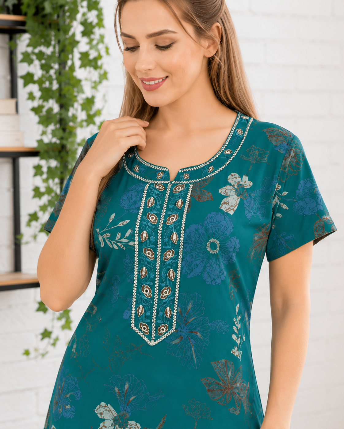 Belavastra Premium Alpine Printed Nighty - Teal Green Botanical Floral