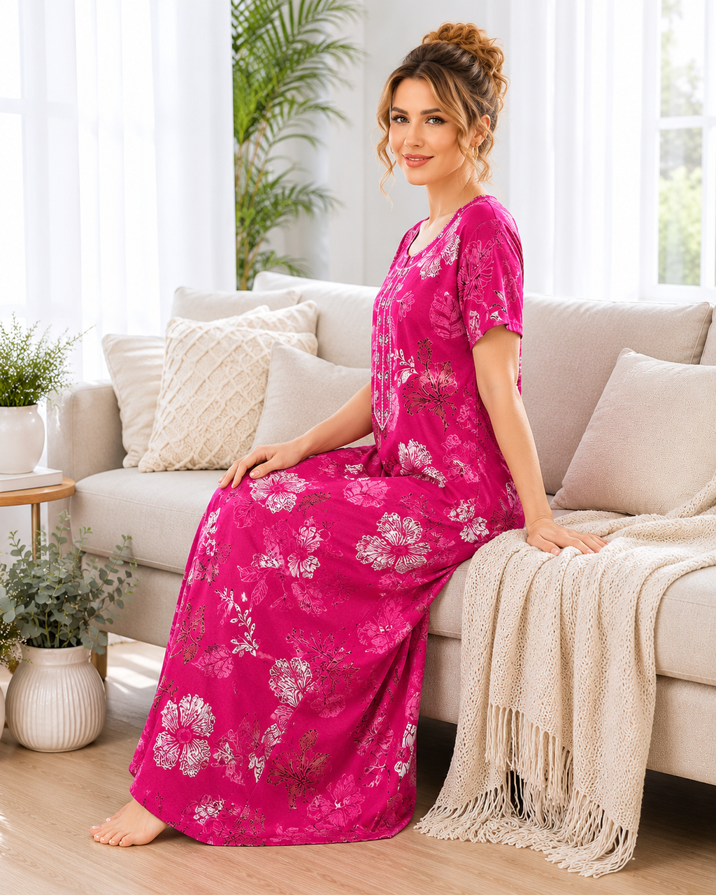 Belavastra Premium Alpine Printed Nighty - Magenta Pink Botanical Floral