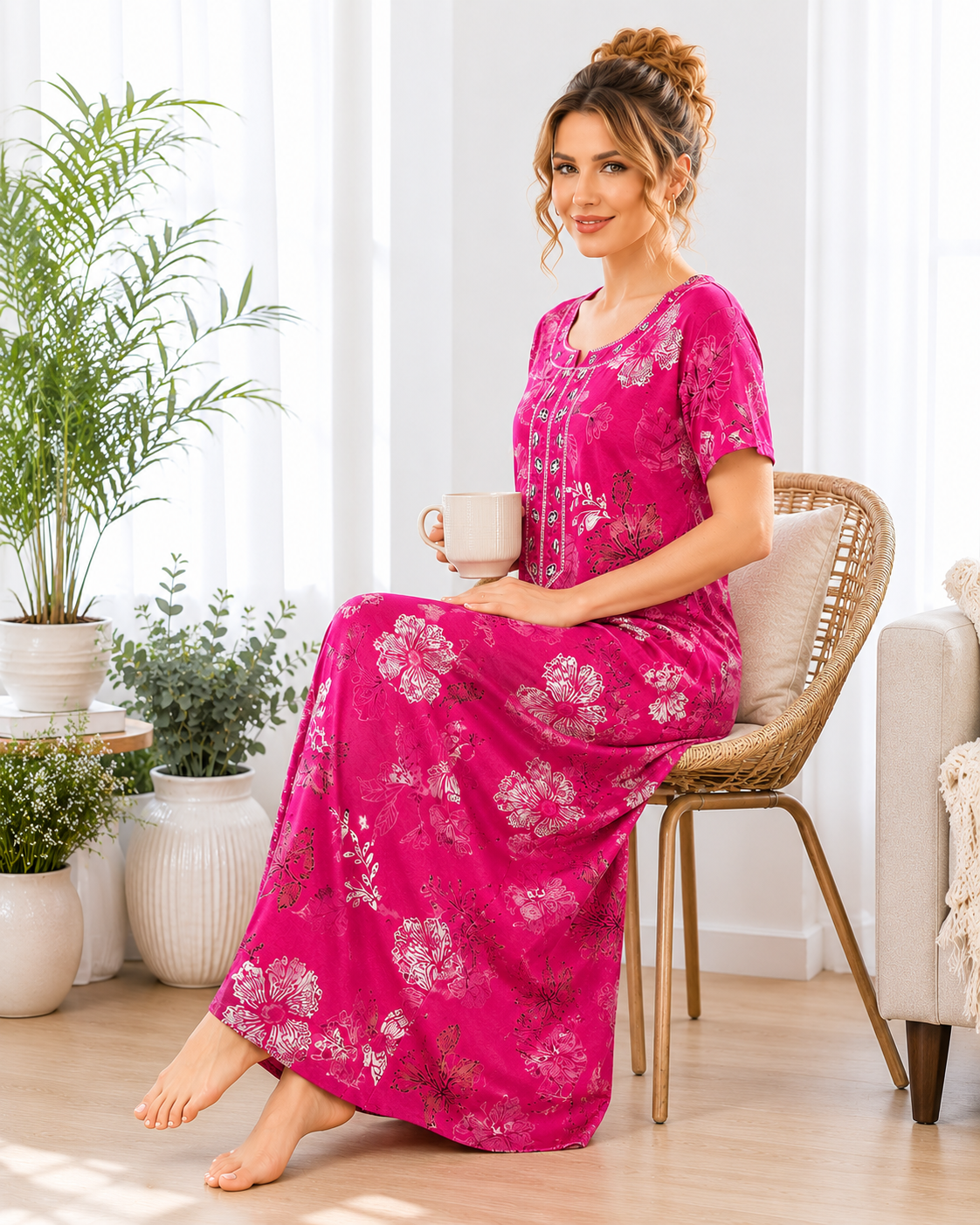 Belavastra Premium Alpine Printed Nighty - Magenta Pink Botanical Floral