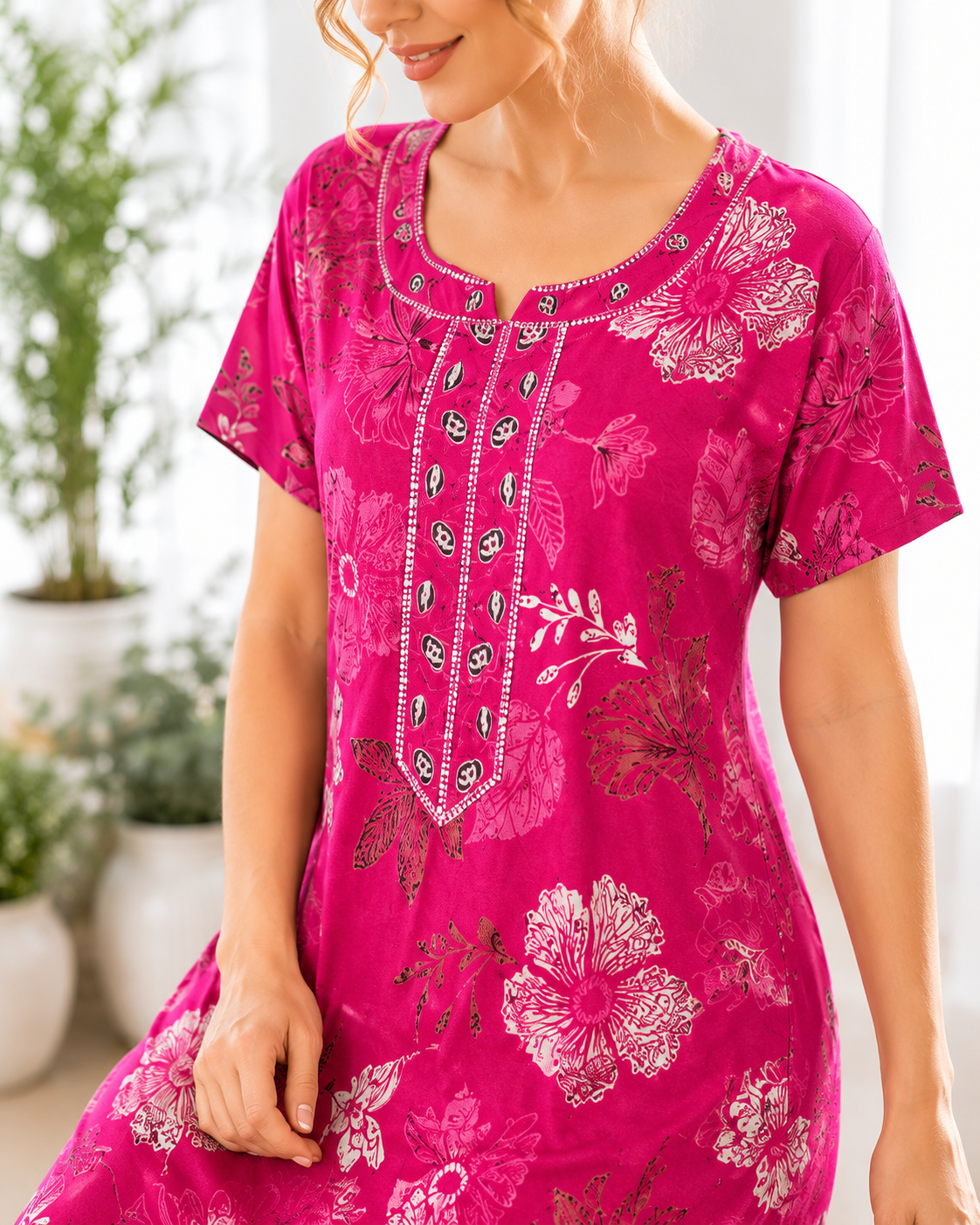 Belavastra Premium Alpine Printed Nighty - Magenta Pink Botanical Floral