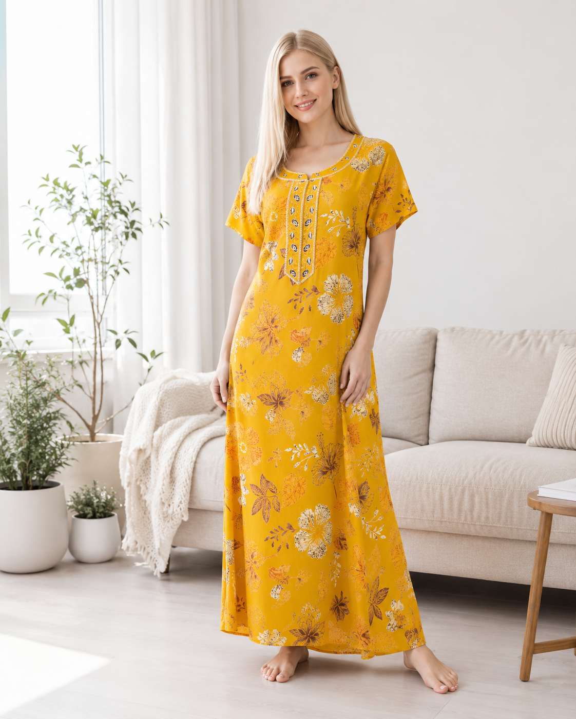 Aarohi Premium Alpine Printed Nighty - Mustard Yellow Botanical Floral