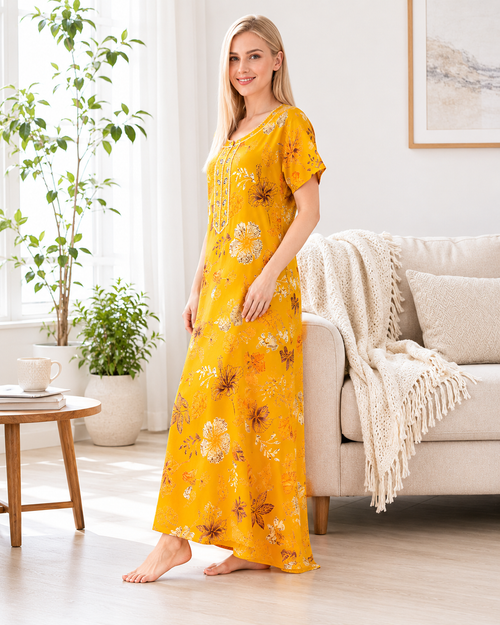 Aarohi Premium Alpine Printed Nighty - Mustard Yellow Botanical Floral