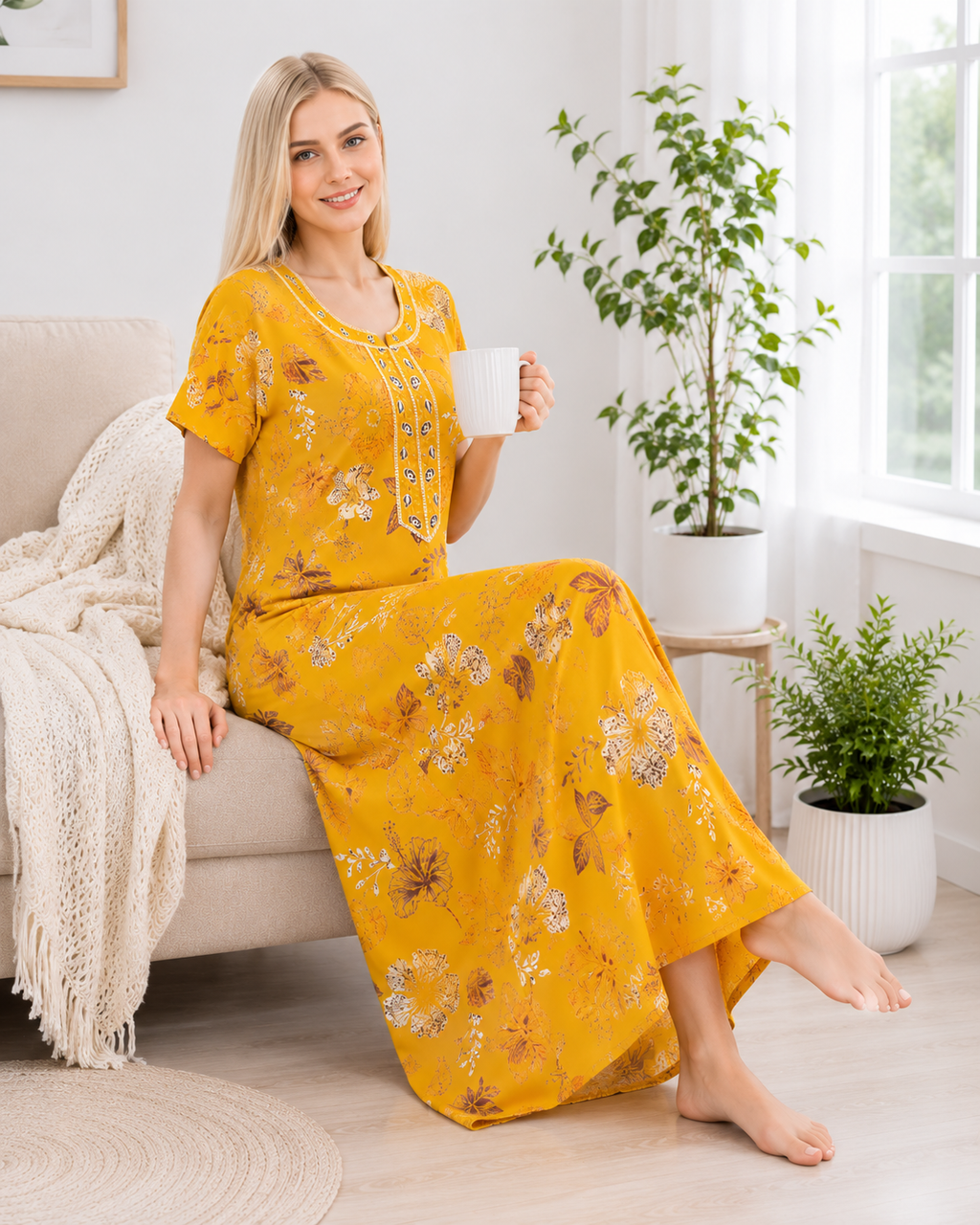Aarohi Premium Alpine Printed Nighty - Mustard Yellow Botanical Floral