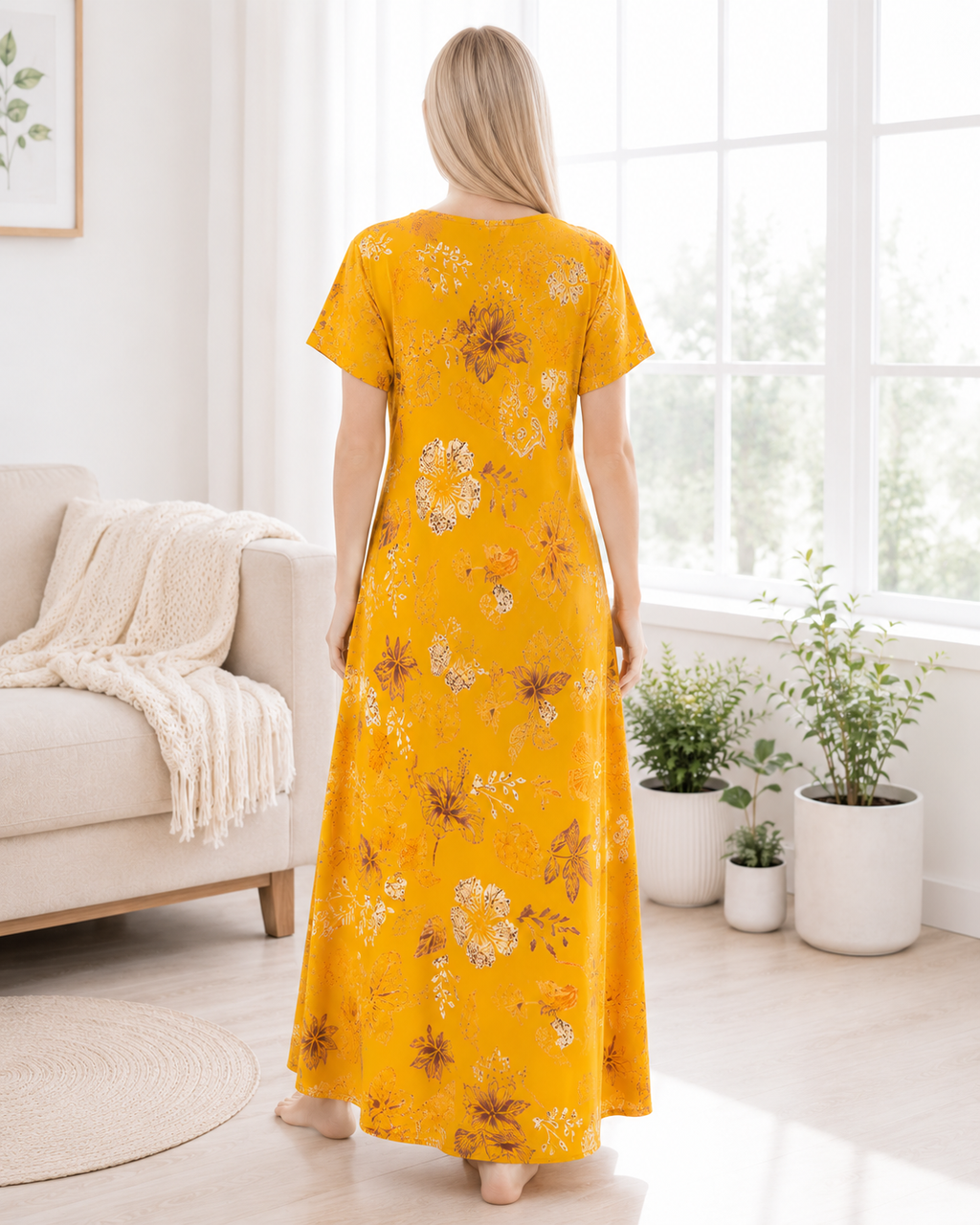Aarohi Premium Alpine Printed Nighty - Mustard Yellow Botanical Floral
