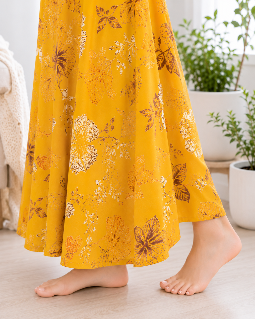 Aarohi Premium Alpine Printed Nighty - Mustard Yellow Botanical Floral