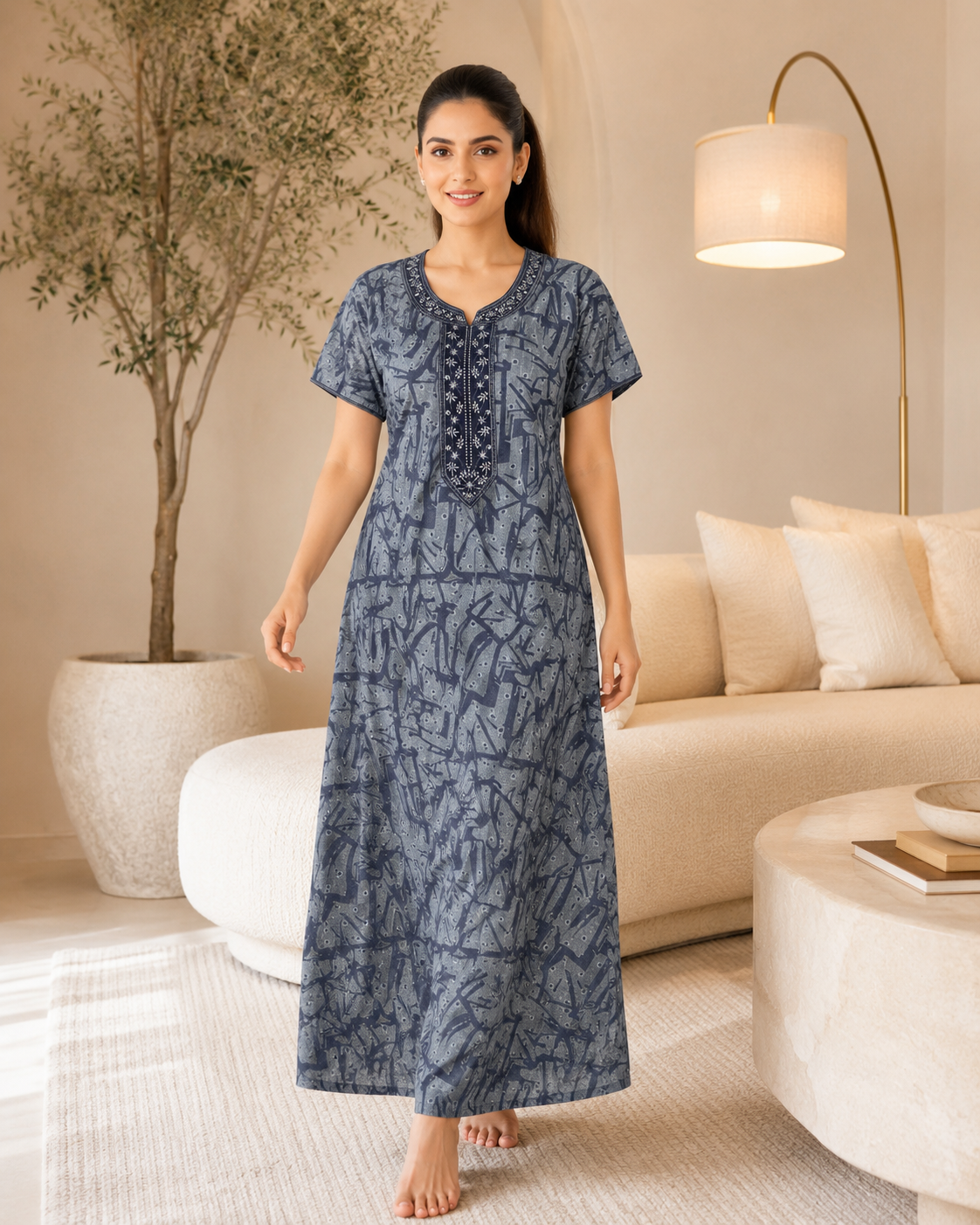 Women’s Premium Alpine Printed Nighty with Embroidered Neckline – Slate Blue