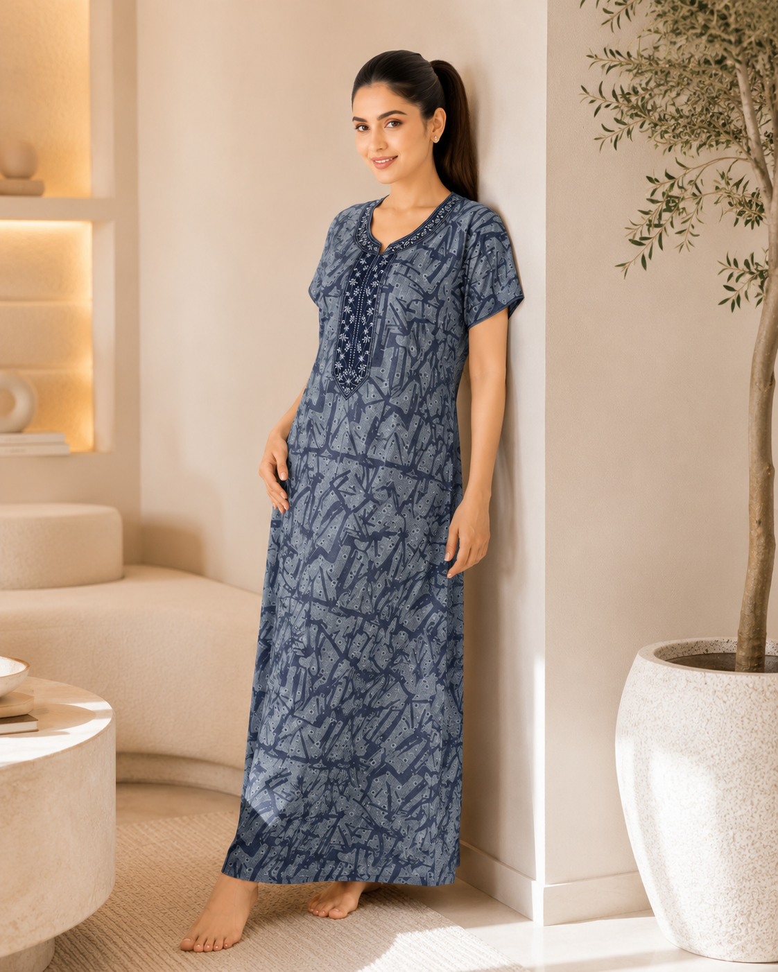 Women’s Premium Alpine Printed Nighty with Embroidered Neckline – Slate Blue