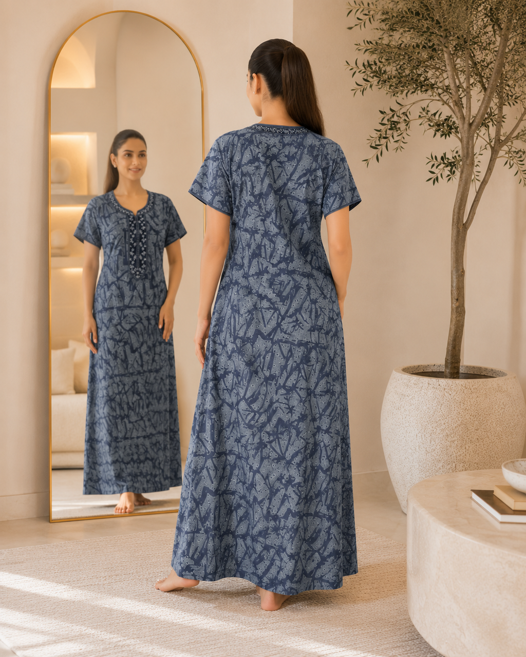 Women’s Premium Alpine Printed Nighty with Embroidered Neckline – Slate Blue