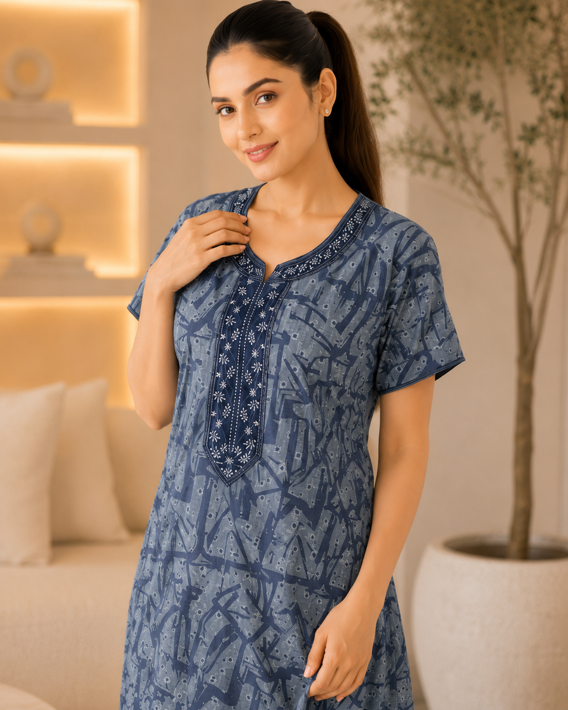 Women’s Premium Alpine Printed Nighty with Embroidered Neckline – Slate Blue
