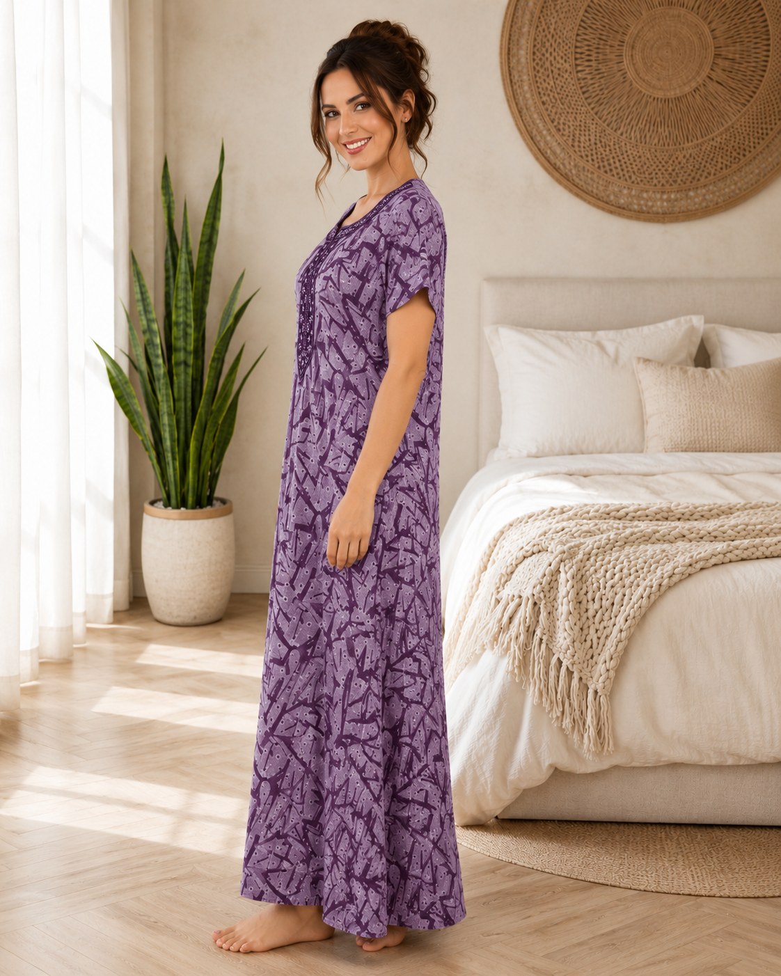 Women’s Premium Alpine Printed Nighty with Embroidered Neckline – Royal Purple