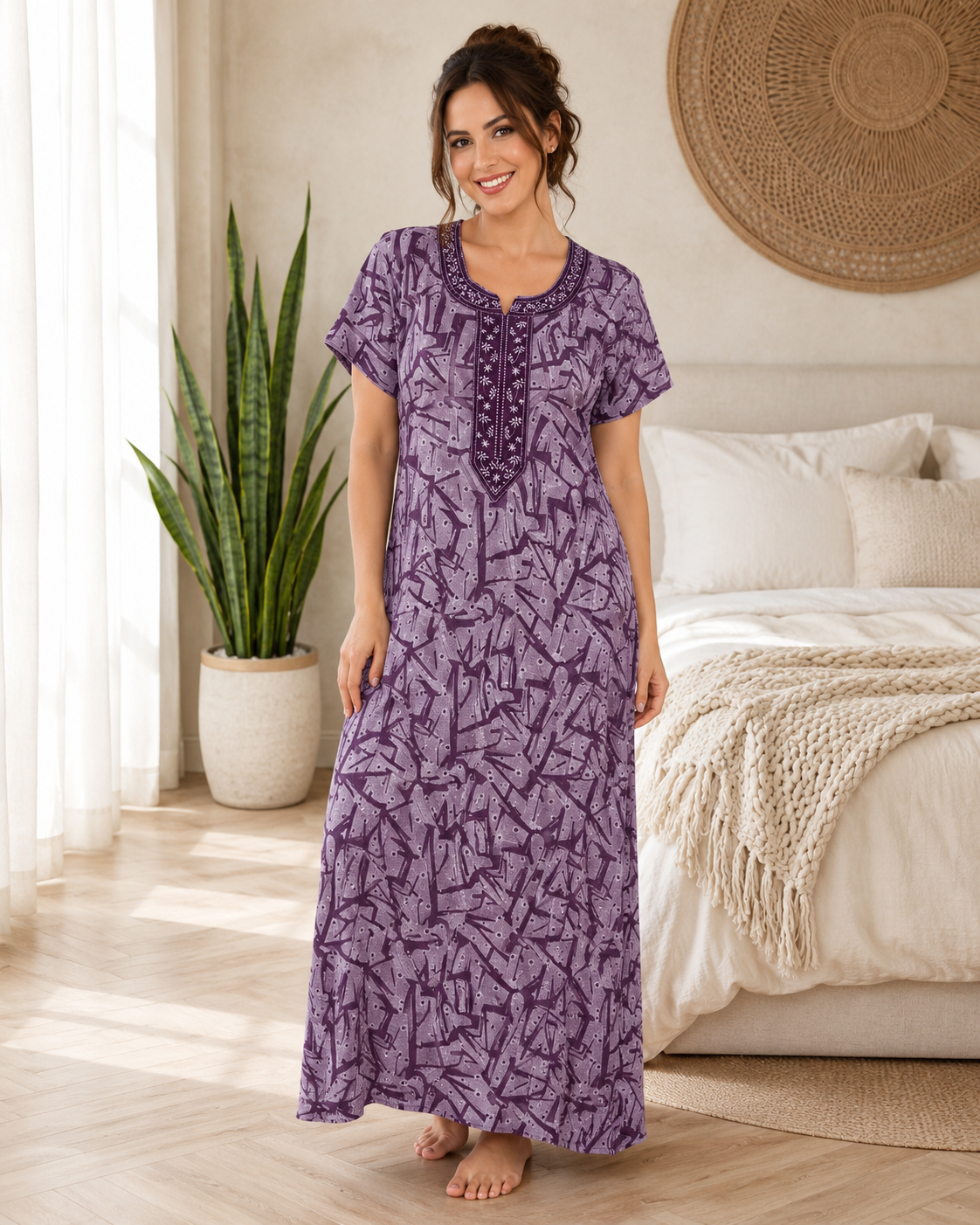 Women’s Premium Alpine Printed Nighty with Embroidered Neckline – Royal Purple