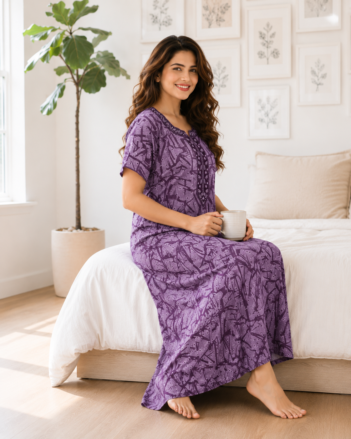Women’s Premium Alpine Printed Nighty with Embroidered Neckline – Royal Purple