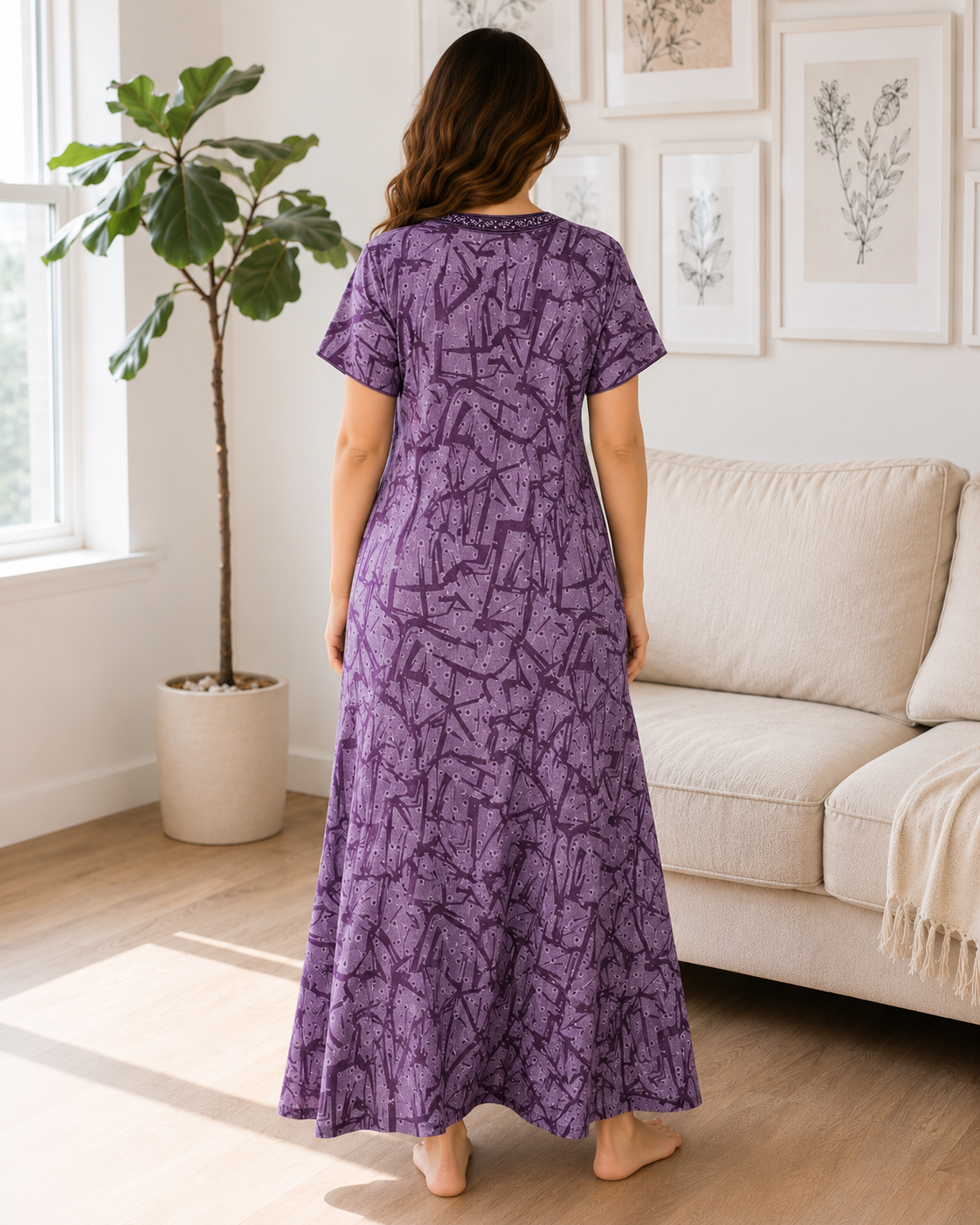 Women’s Premium Alpine Printed Nighty with Embroidered Neckline – Royal Purple