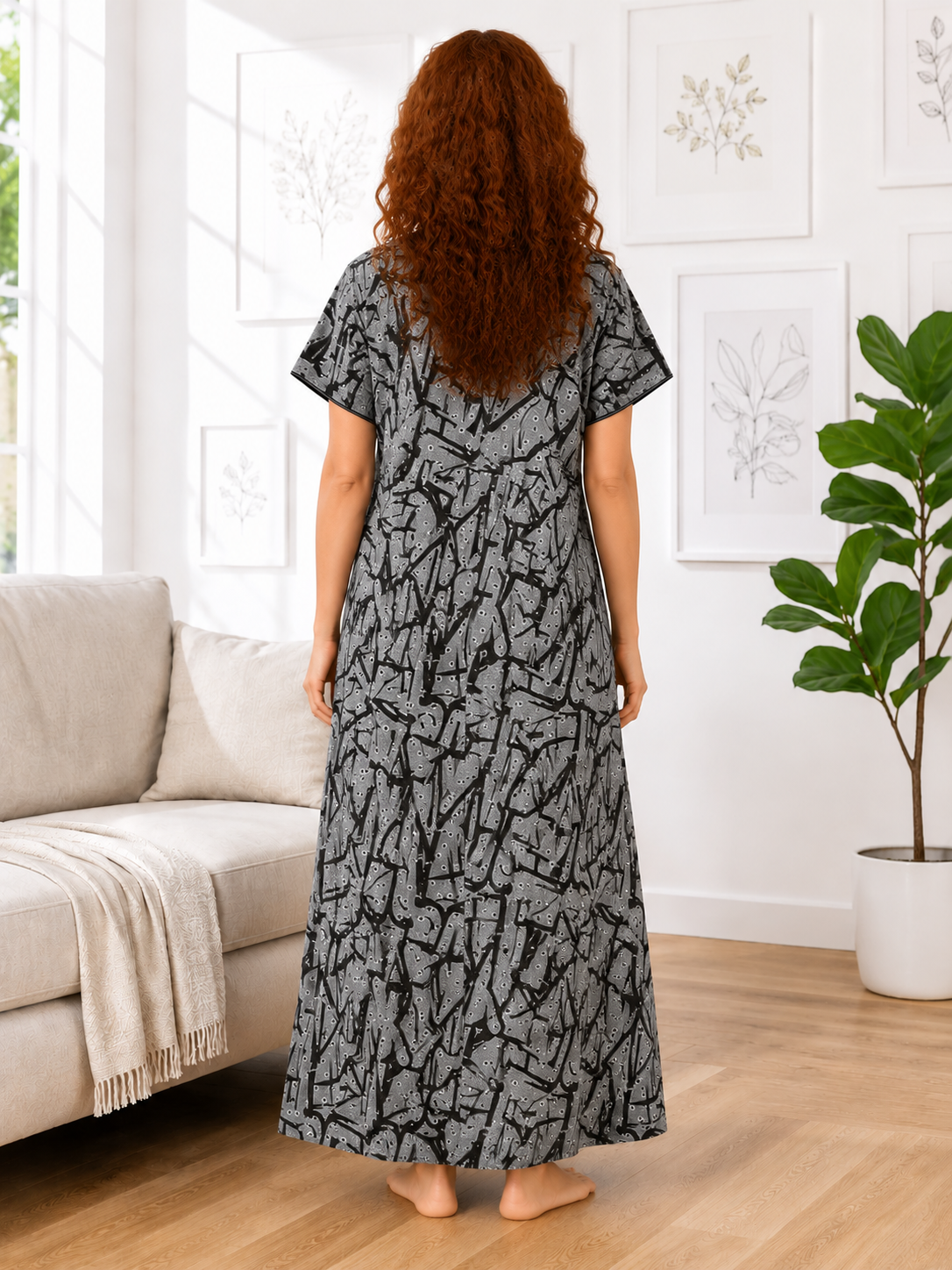 Elegant Charcoal Printed Alpine Nightdress – Ultra Soft & Wrinkle-Free Loungewear