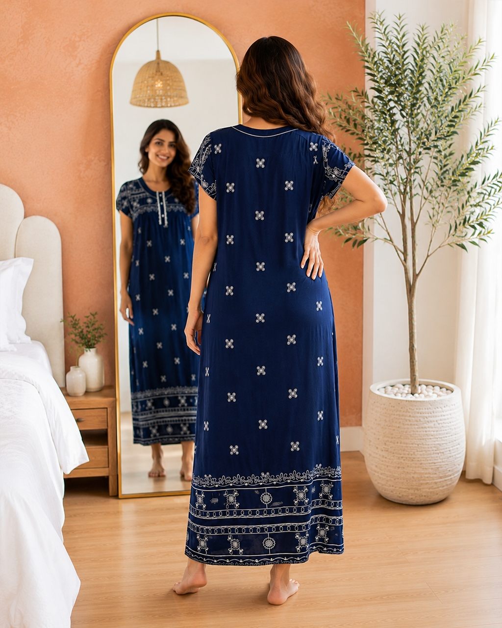 Belavastra Premium Navy Blue Printed Rayon Maxi Nighty