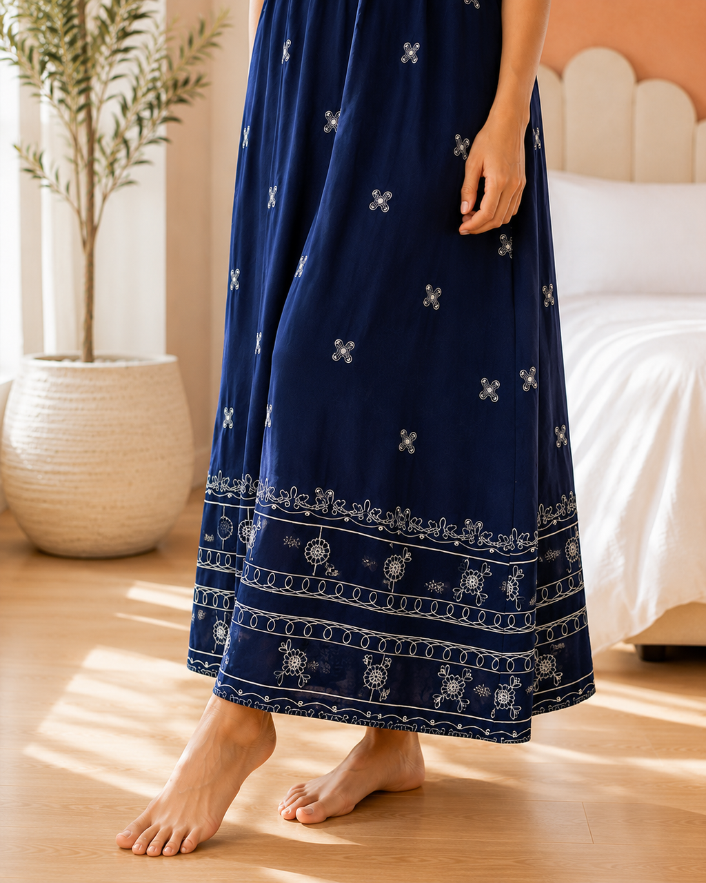 Belavastra Premium Navy Blue Printed Rayon Maxi Nighty