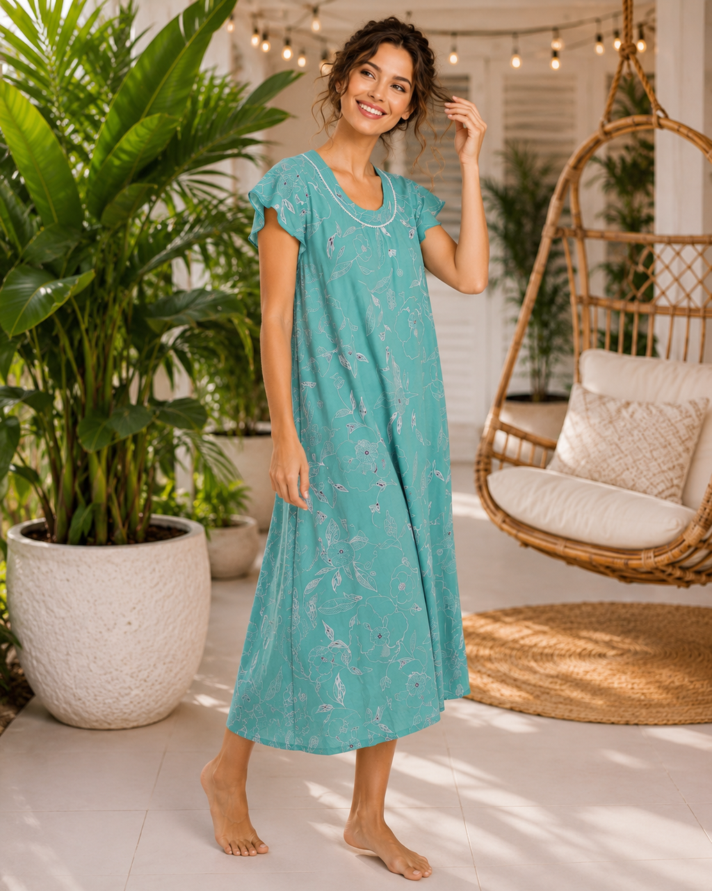 Belavastra Turquoise Teal Botanical Line-Art Rayon Maxi Nighty