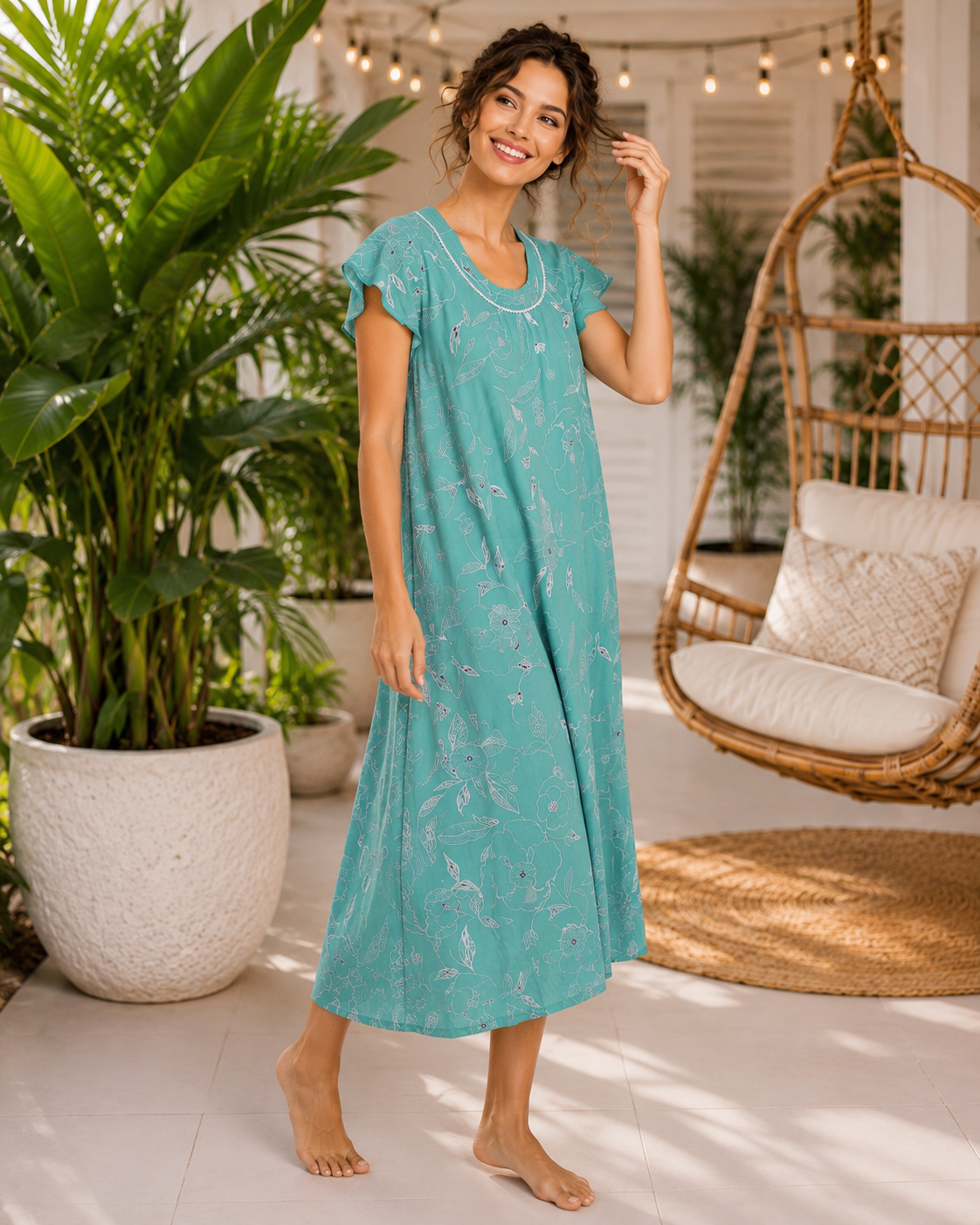 Belavastra Turquoise Teal Botanical Line-Art Rayon Maxi Nighty