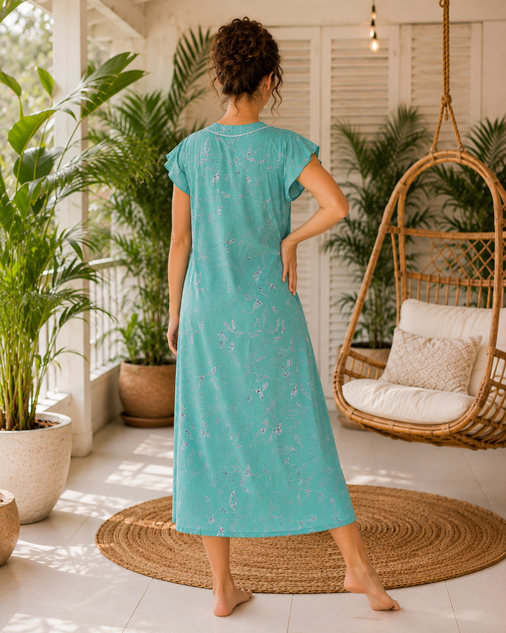 Belavastra Turquoise Teal Botanical Line-Art Rayon Maxi Nighty