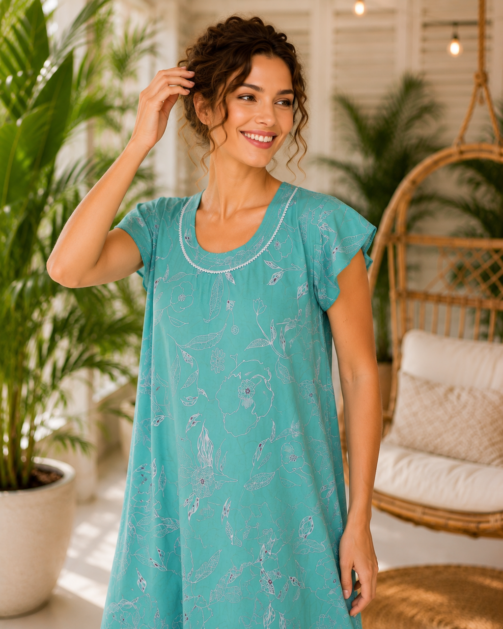 Belavastra Turquoise Teal Botanical Line-Art Rayon Maxi Nighty