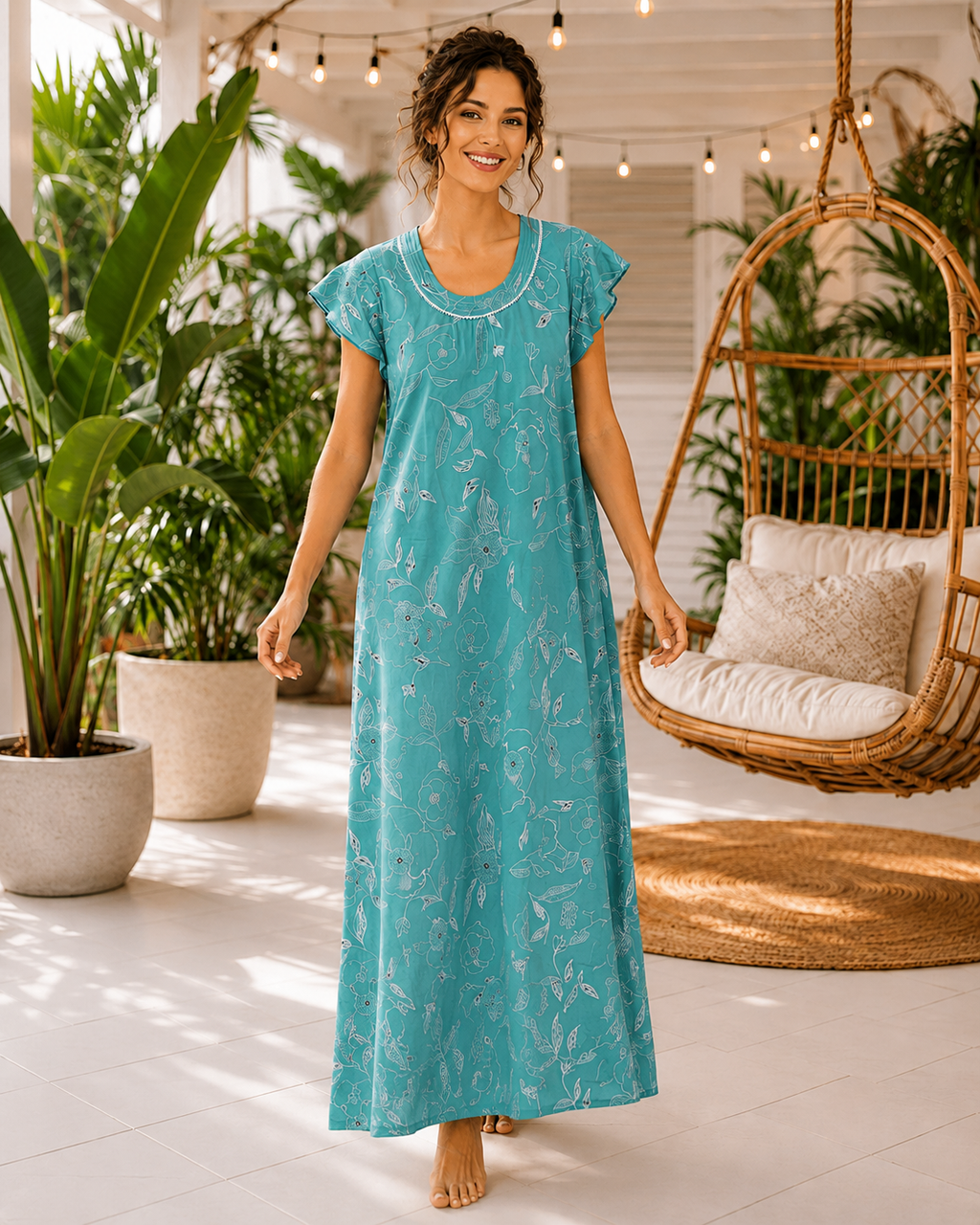Belavastra Turquoise Teal Botanical Line-Art Rayon Maxi Nighty