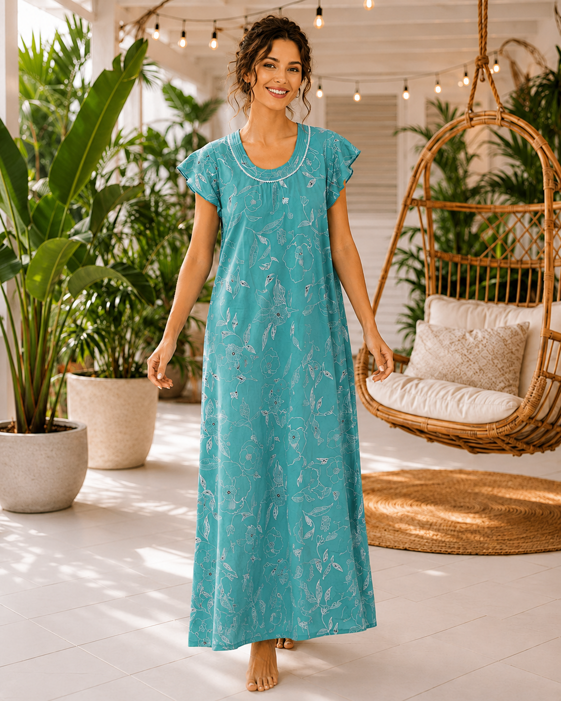 Belavastra Turquoise Teal Botanical Line-Art Rayon Maxi Nighty