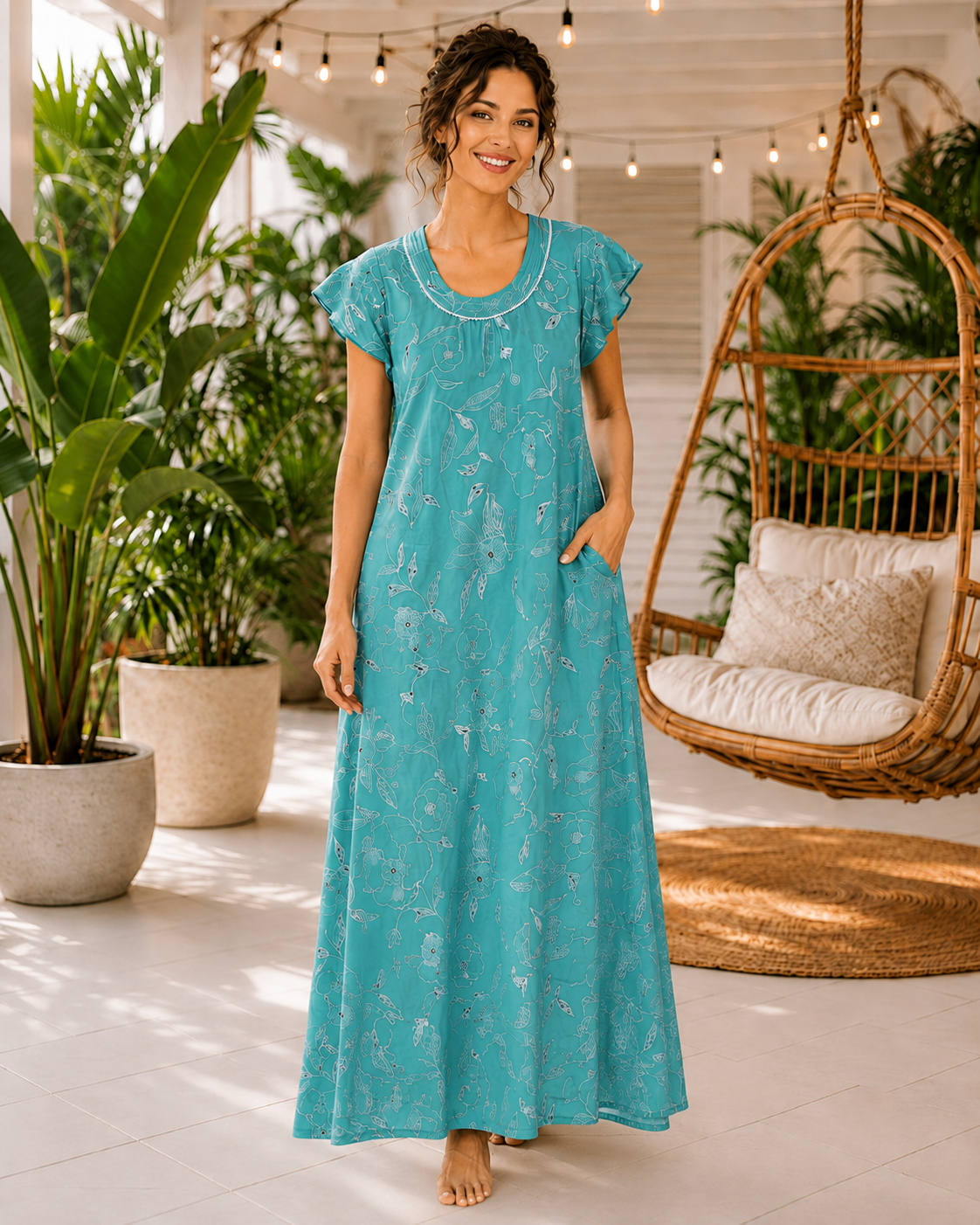 Belavastra Turquoise Teal Botanical Line-Art Rayon Maxi Nighty