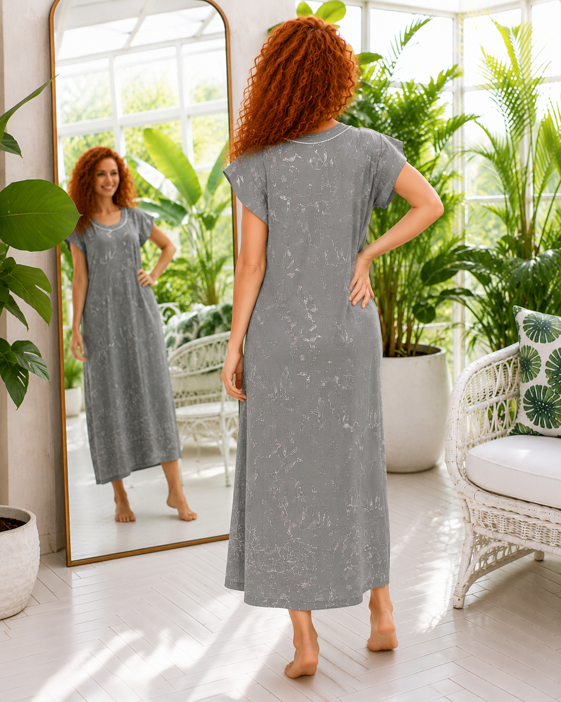 Belavastra Soft Grey Floral Line Art Rayon Maxi Nighty