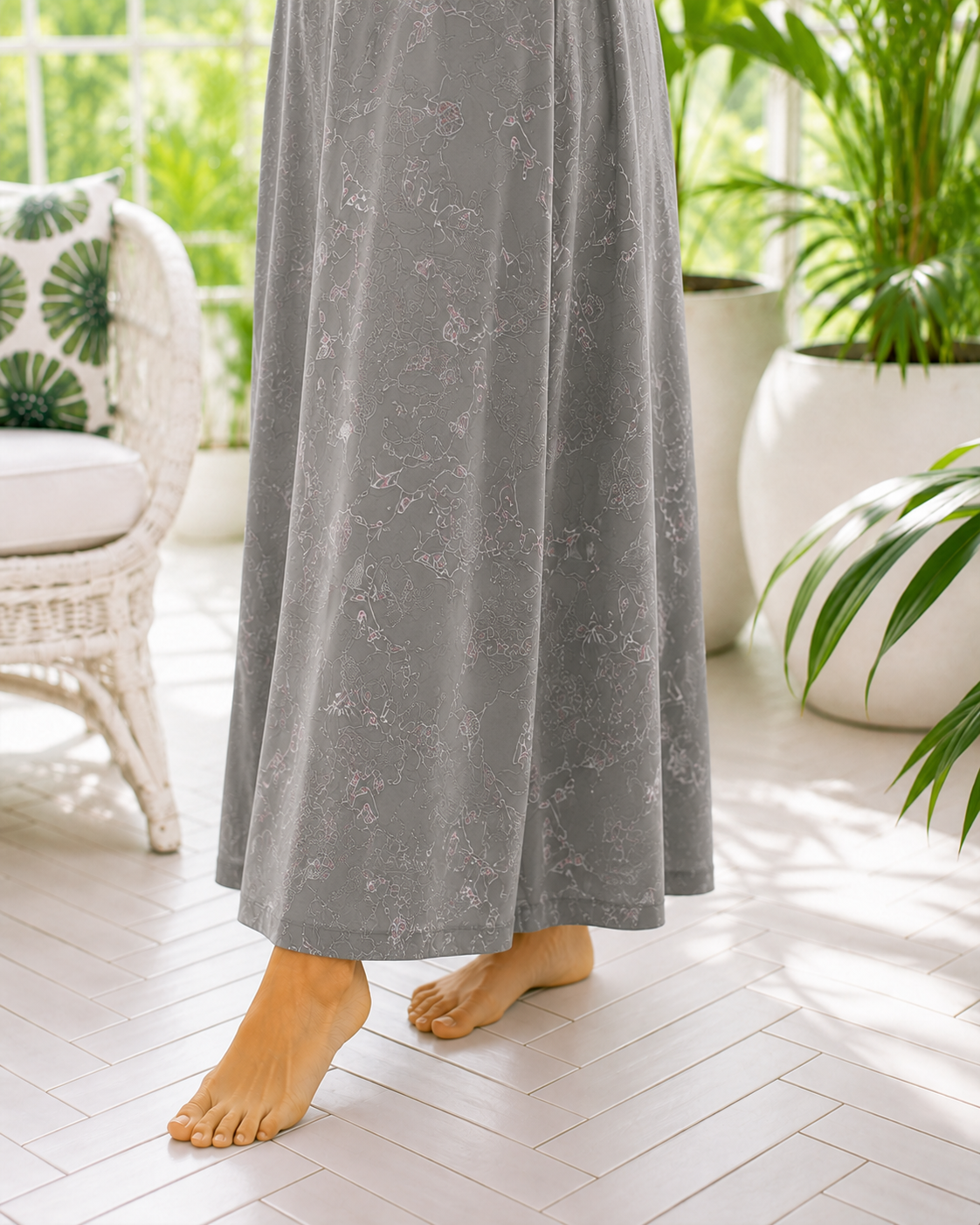 Belavastra Soft Grey Floral Line Art Rayon Maxi Nighty