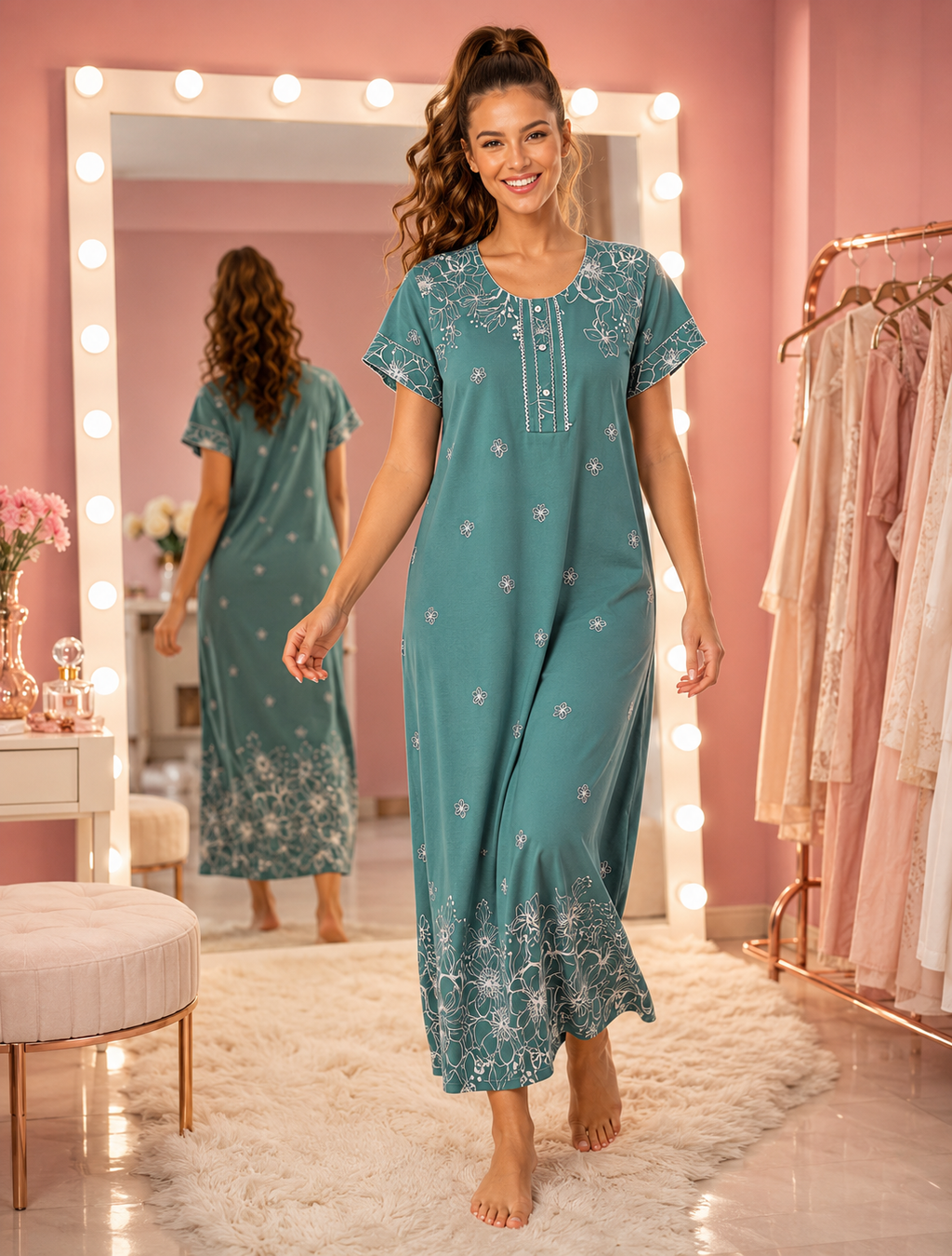 Belavastra Sea Green Rayon Floral Print Maxi Nighty
