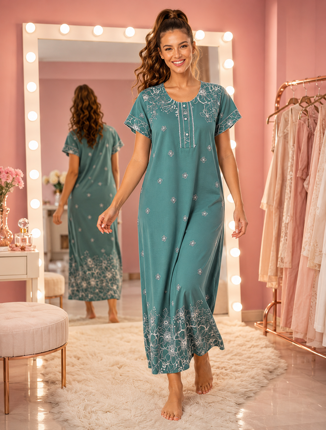 Belavastra Sea Green Rayon Floral Print Maxi Nighty