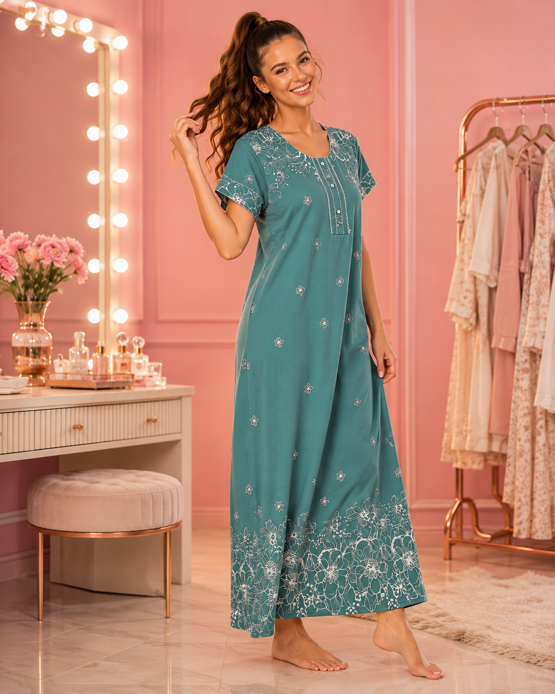 Belavastra Sea Green Rayon Floral Print Maxi Nighty