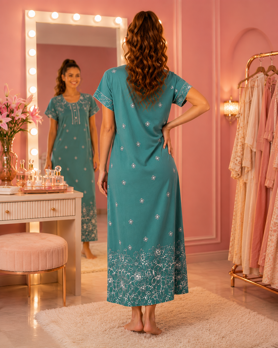 Belavastra Sea Green Rayon Floral Print Maxi Nighty