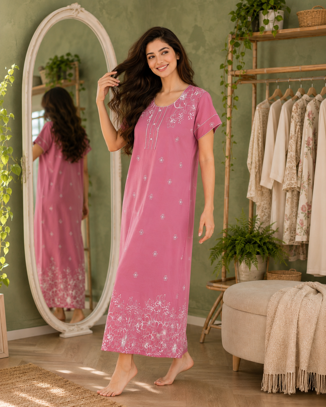 Belavastra Soft Rose Pink Rayon Floral Print Maxi Nighty