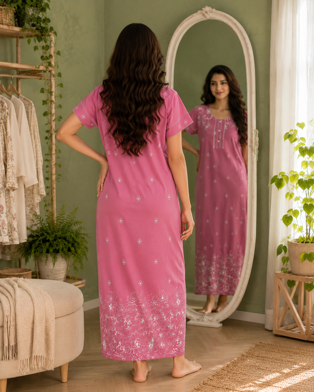 Belavastra Soft Rose Pink Rayon Floral Print Maxi Nighty