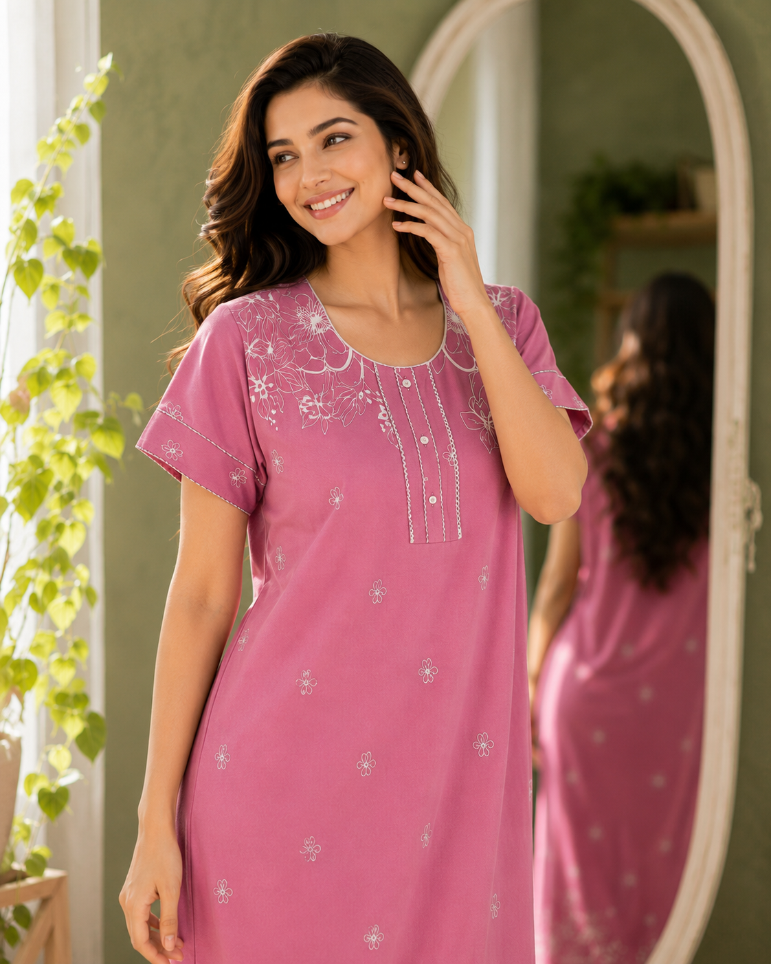 Belavastra Soft Rose Pink Rayon Floral Print Maxi Nighty