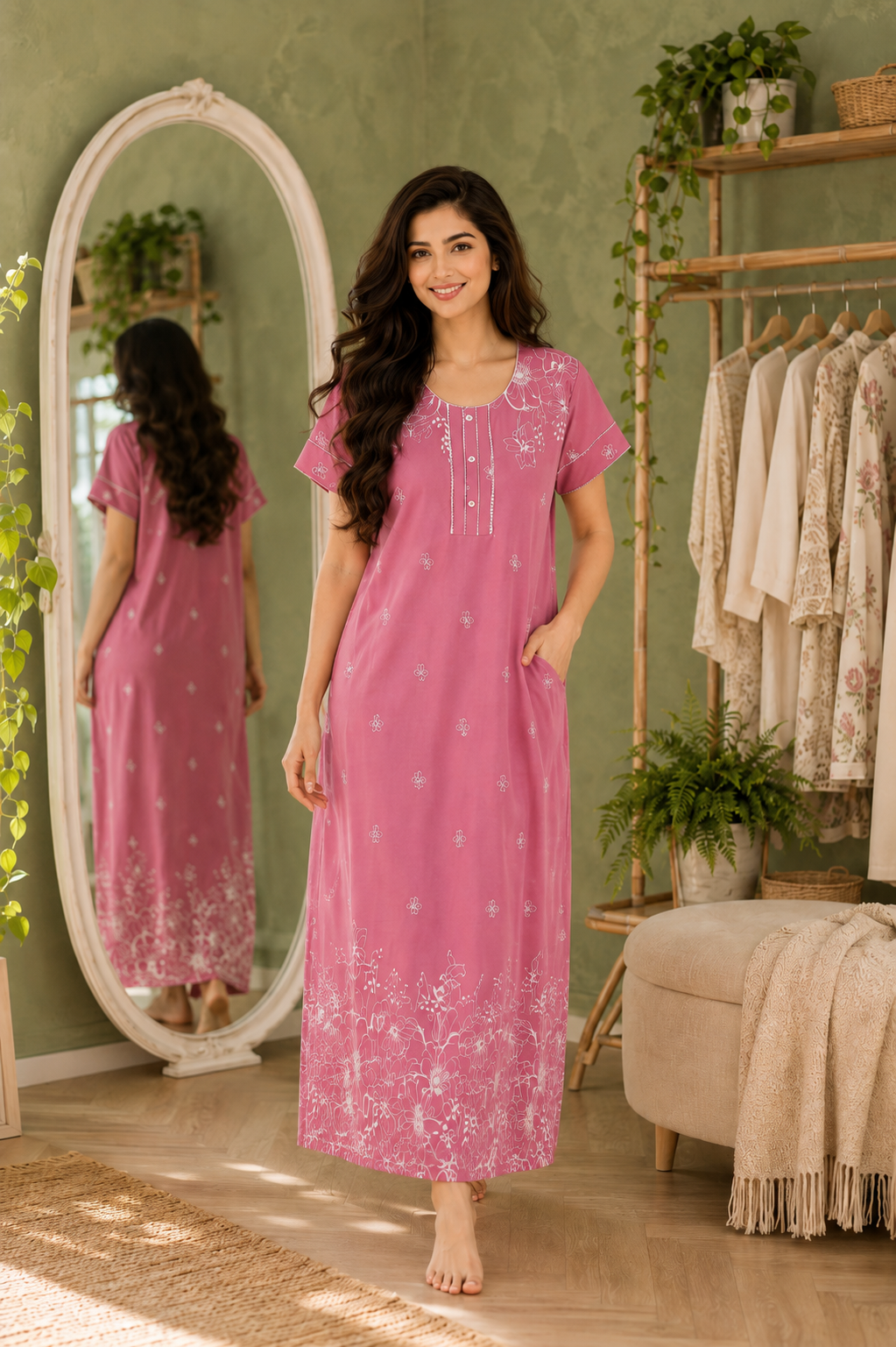 Belavastra Soft Rose Pink Rayon Floral Print Maxi Nighty
