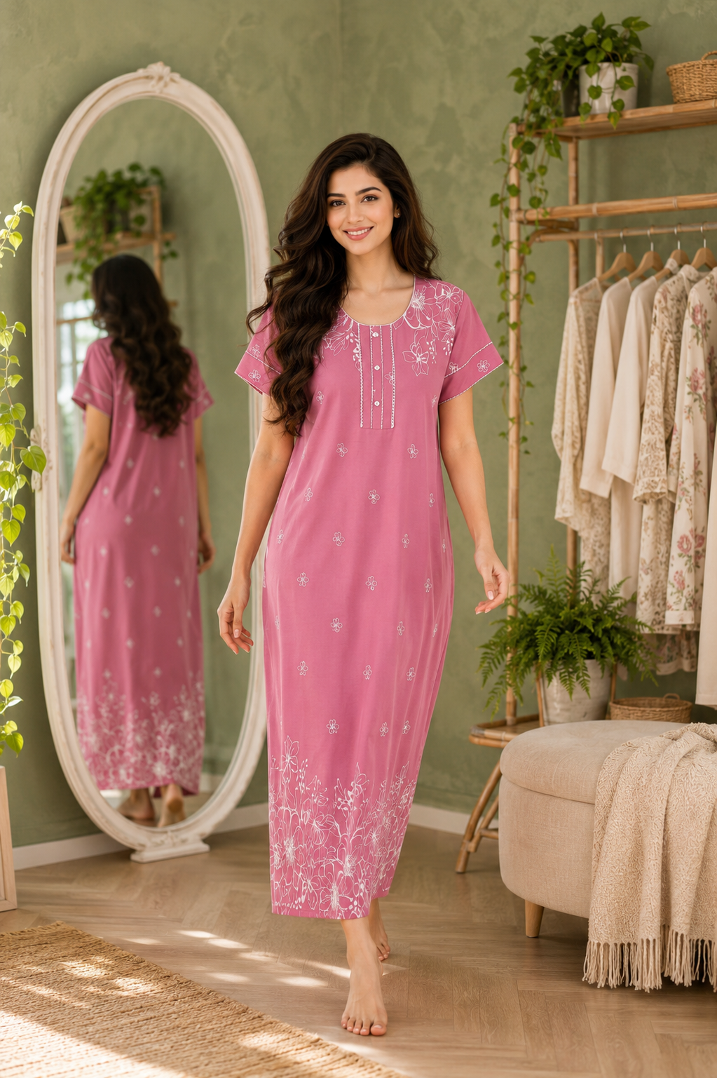 Belavastra Soft Rose Pink Rayon Floral Print Maxi Nighty