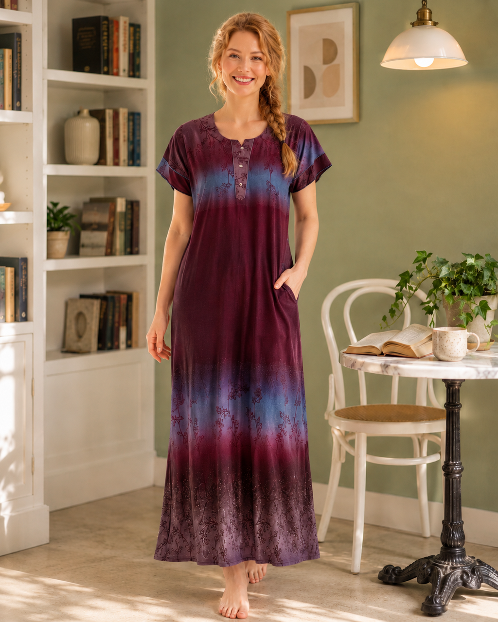 Belavastra Wine & Slate Blue Ombre Rayon Maxi Nighty with Pocket