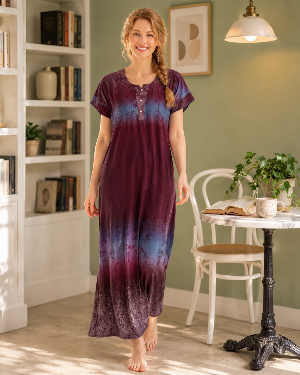 Belavastra Wine & Slate Blue Ombre Rayon Maxi Nighty with Pocket