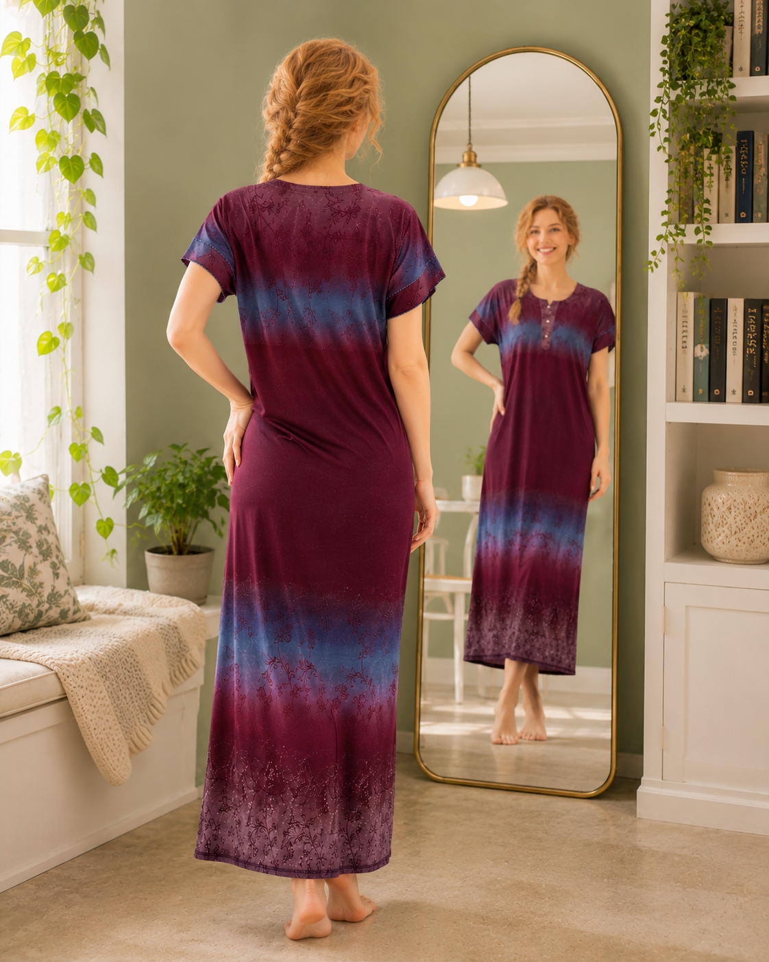Belavastra Wine & Slate Blue Ombre Rayon Maxi Nighty with Pocket