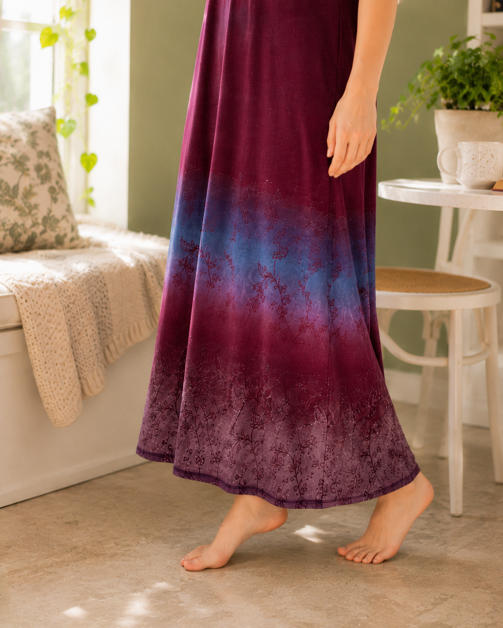 Belavastra Wine & Slate Blue Ombre Rayon Maxi Nighty with Pocket