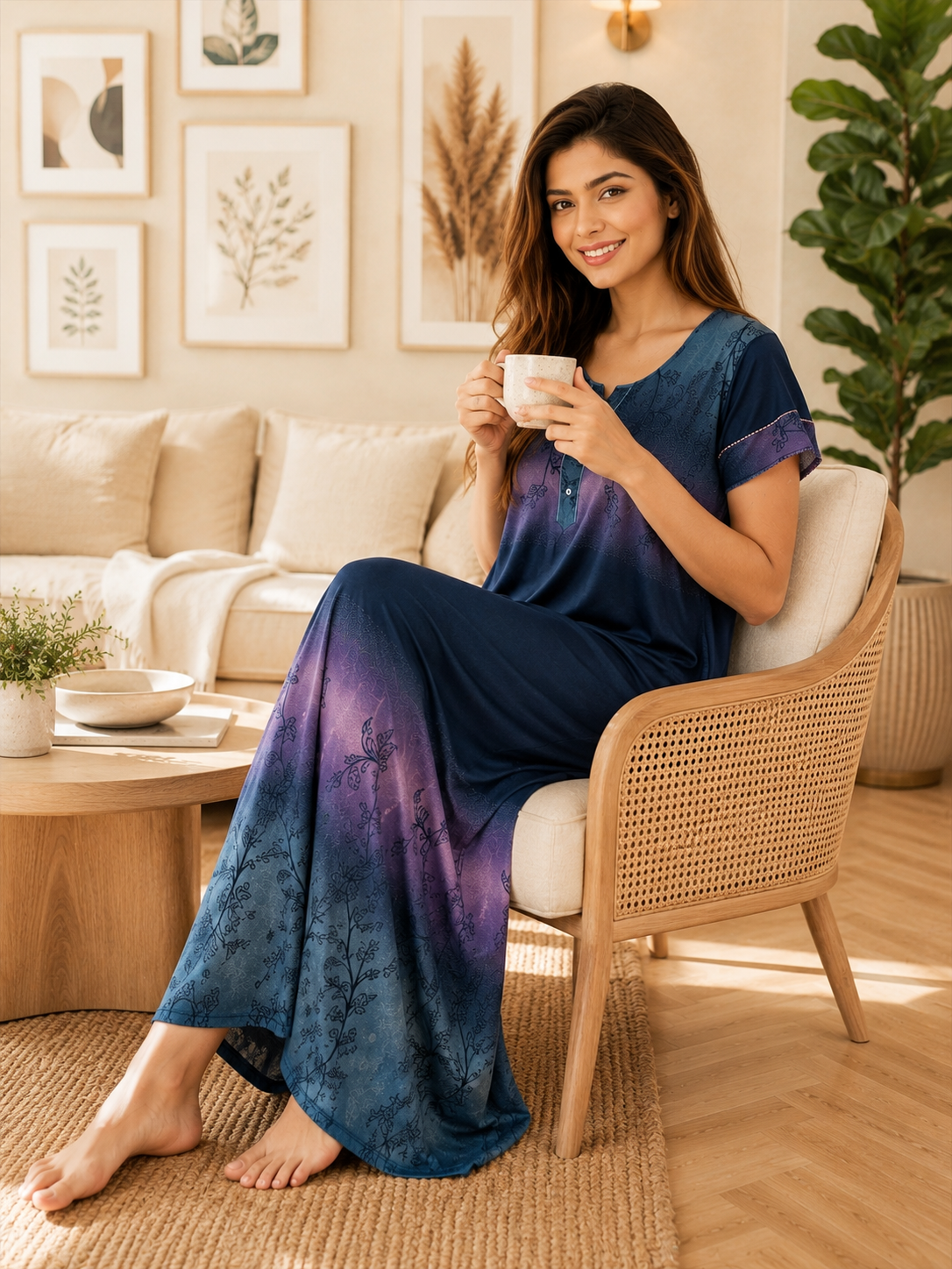 Belavastra Ombre Navy & Purple Rayon Maxi Nighty with Pocket