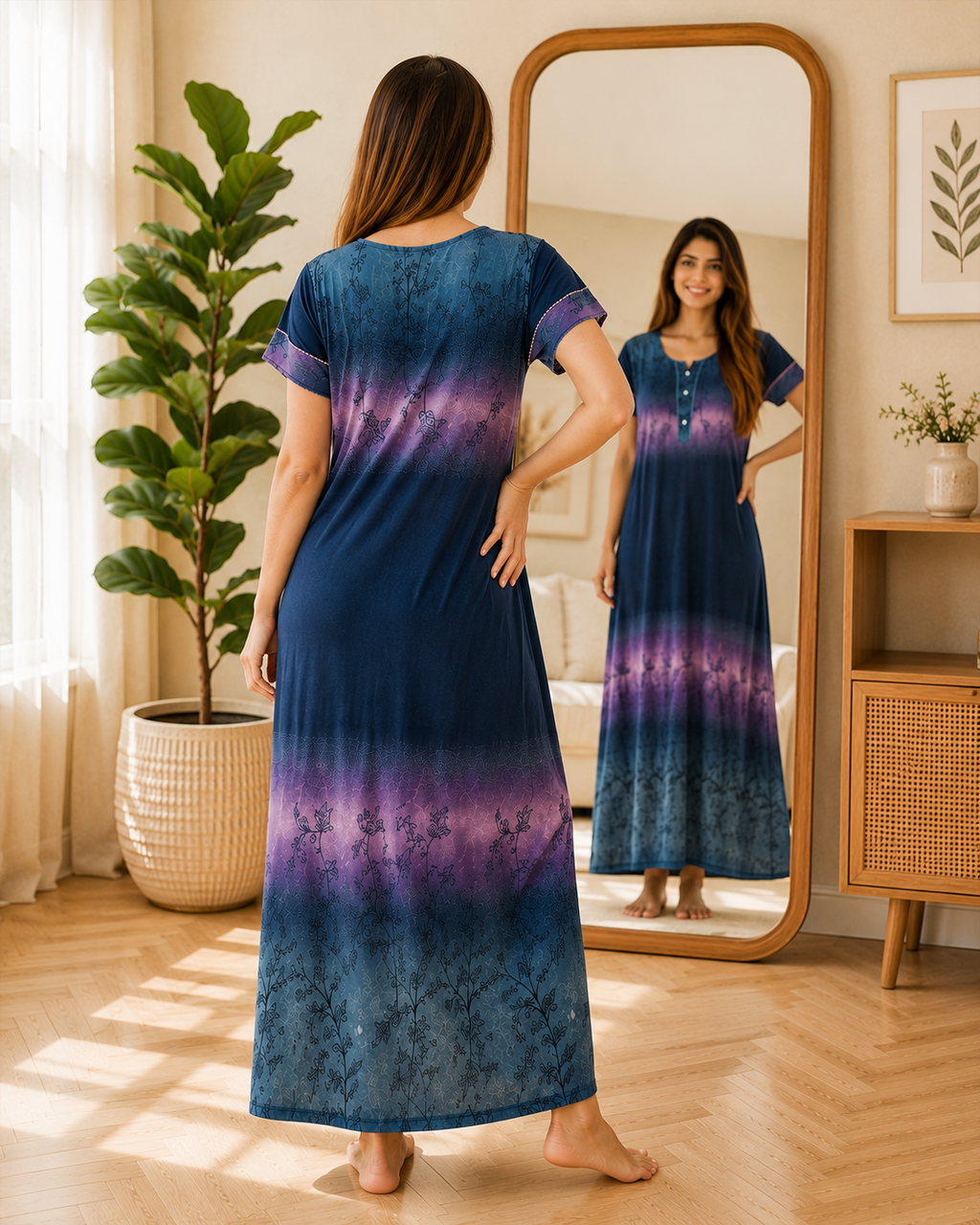Belavastra Ombre Navy & Purple Rayon Maxi Nighty with Pocket