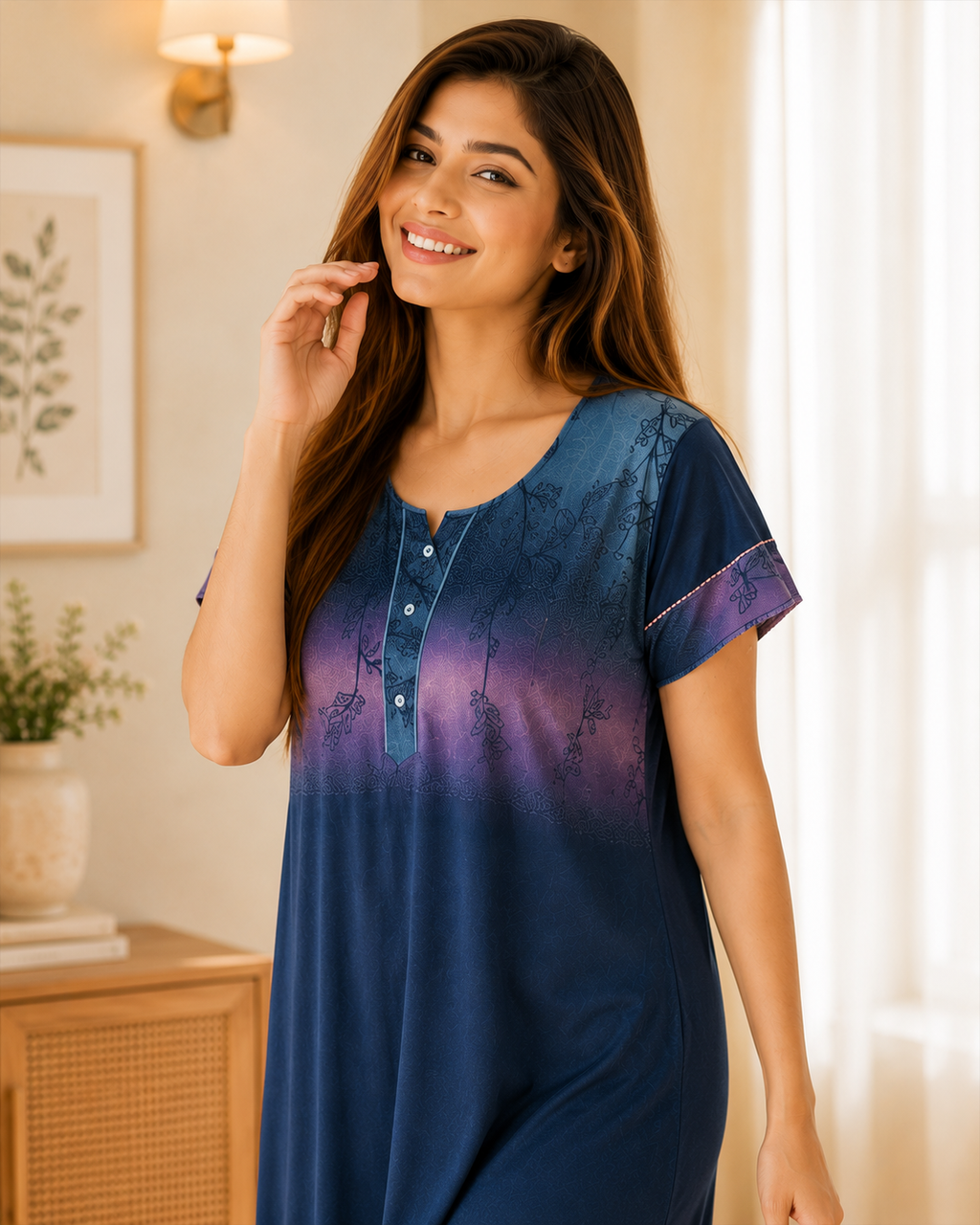 Belavastra Ombre Navy & Purple Rayon Maxi Nighty with Pocket